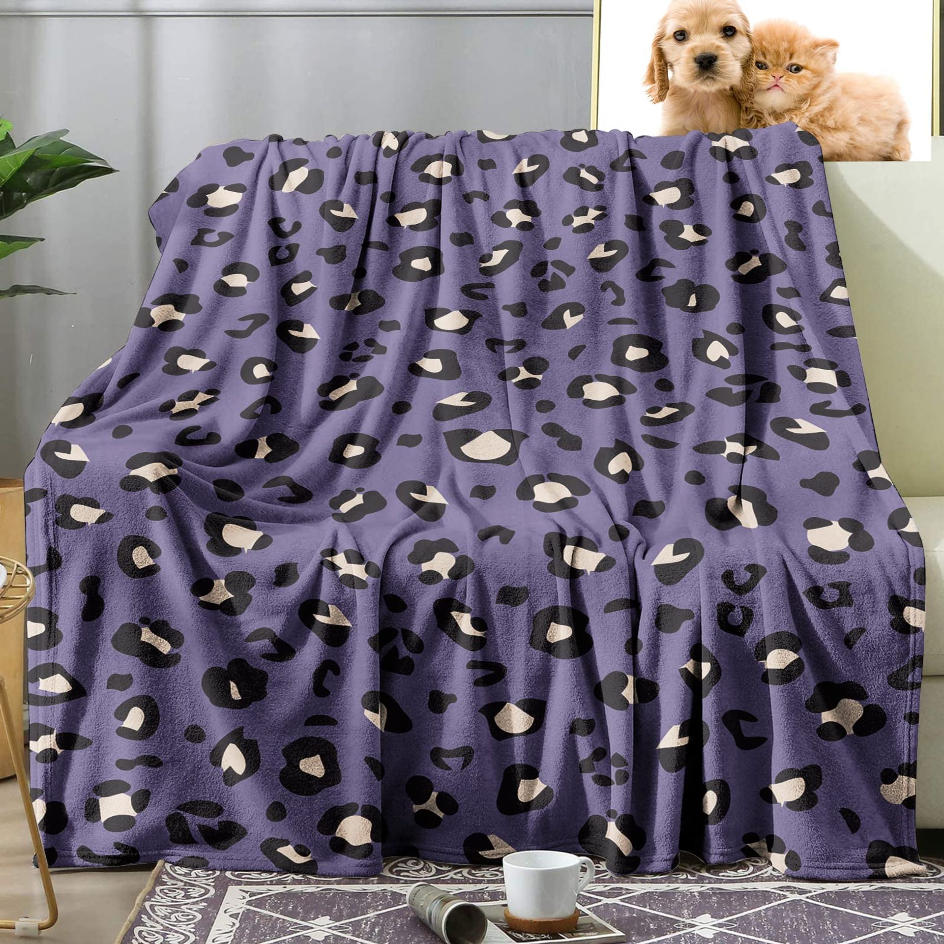 Purple Leopard Print Fleece Blanket, Soft & Lightweight Throw, 50''x60'' for Bed & Couch