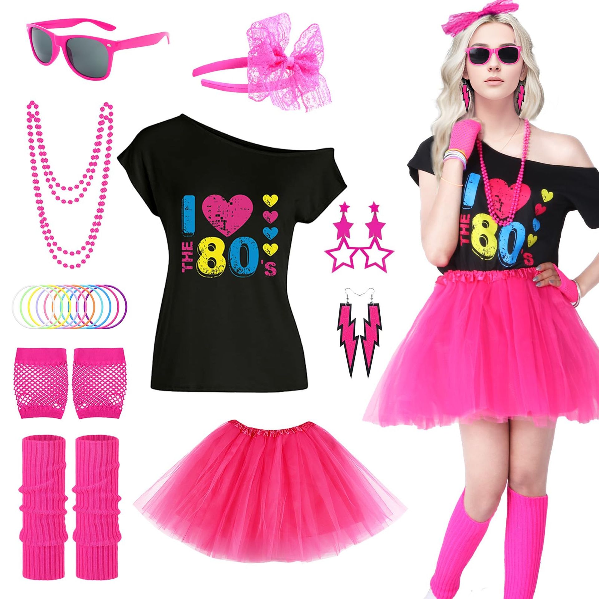 Women's 80s Fancy Dress Costume Set with Lips Print T-Shirt Tutu Skirt Lace Headband Neon Accessories - Style-1 XL