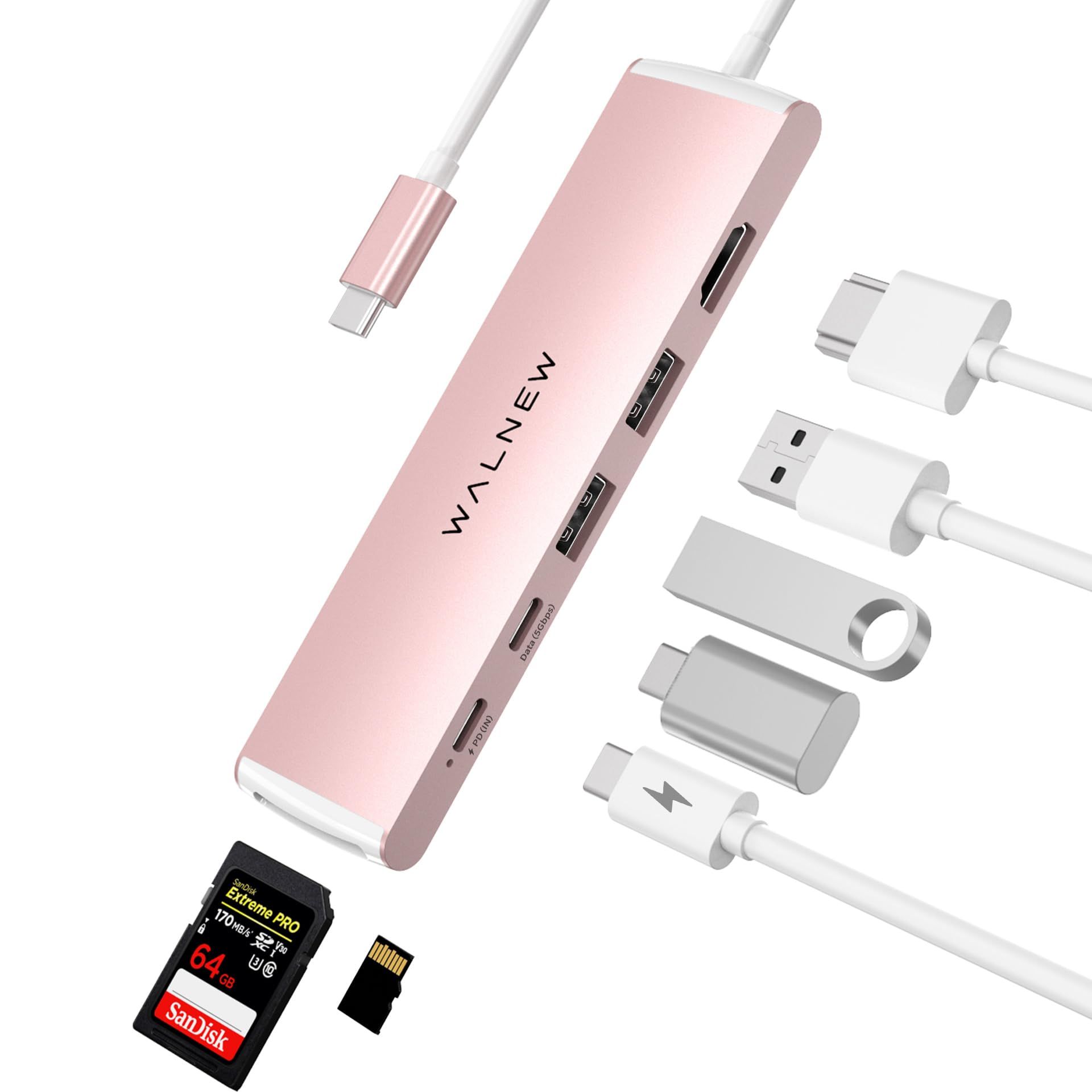 7-in-1 USB-C Hub Multiport Adapter with 4K HDMI, 100W PD, SD/TF Card Slots and USB-A Ports - Pink A302