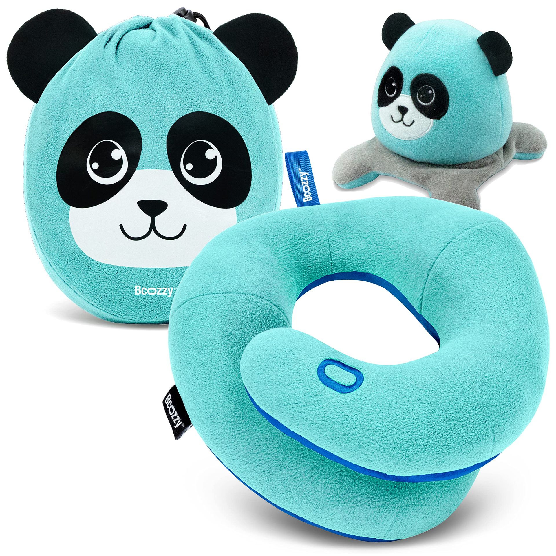 Kids Chin Supporting Travel Pillow with Head Support and Soft Washable Cover for Road Trips - Light Blue Panda Moodizz Small