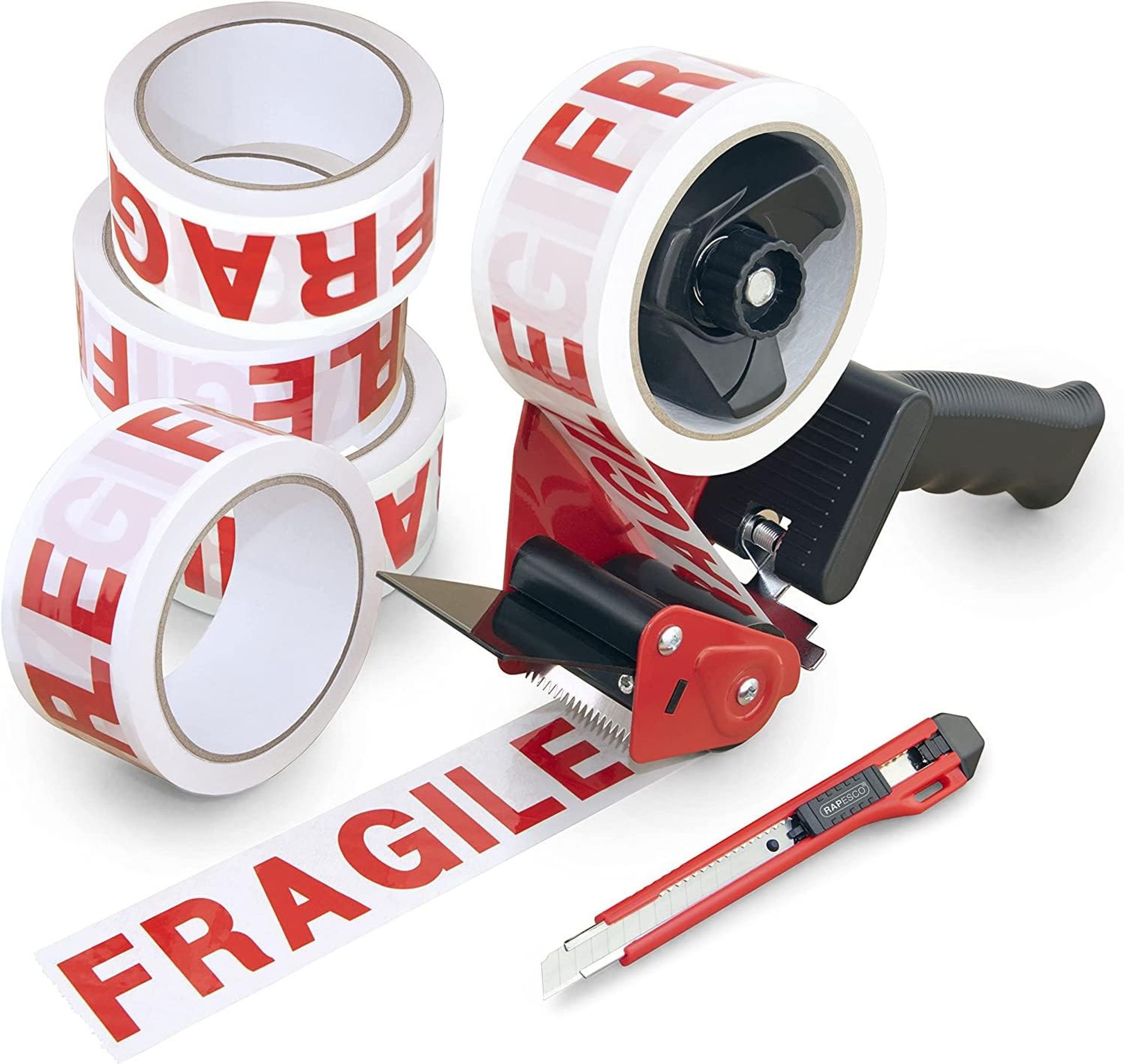 Rapesco 1682 Germ-Savvy Antibacterial 960 Packing Tape Dispenser with 5 ‘Fragile’ Packing Tapes
