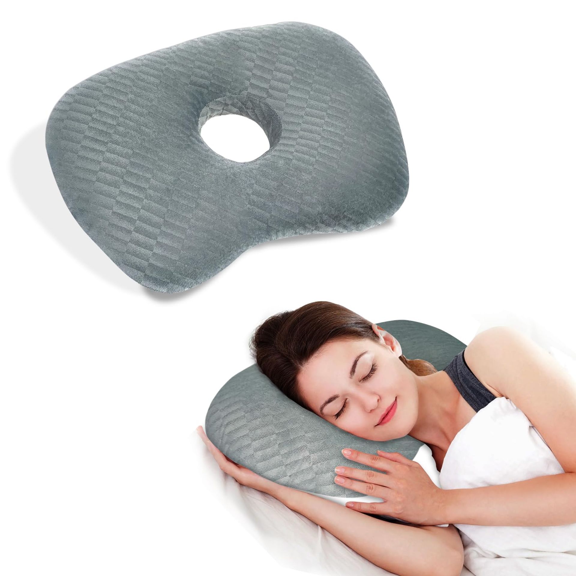 Ear Piercing Pillow Side Sleeper Cushion with Ear Hole for CNH and Pressure Relief, Adjustable Cotton & Polyester - Grey Skew Grid
