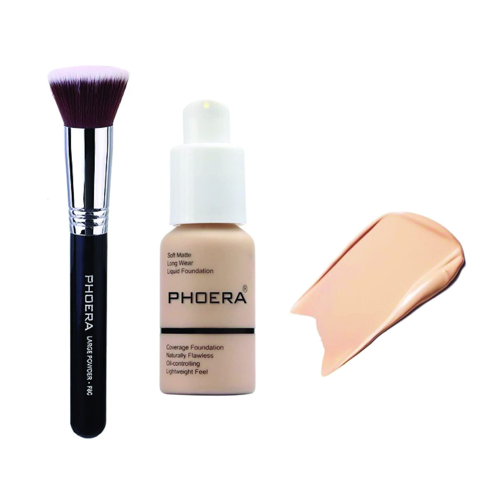 ABRUS - PHOERA Full Coverage Foundation Soft Matte Oil Control Concealer 30ml Flawless Cream Smooth Long Lasting 24HR with Foundation Brush (102 Nude, 30 Gram)