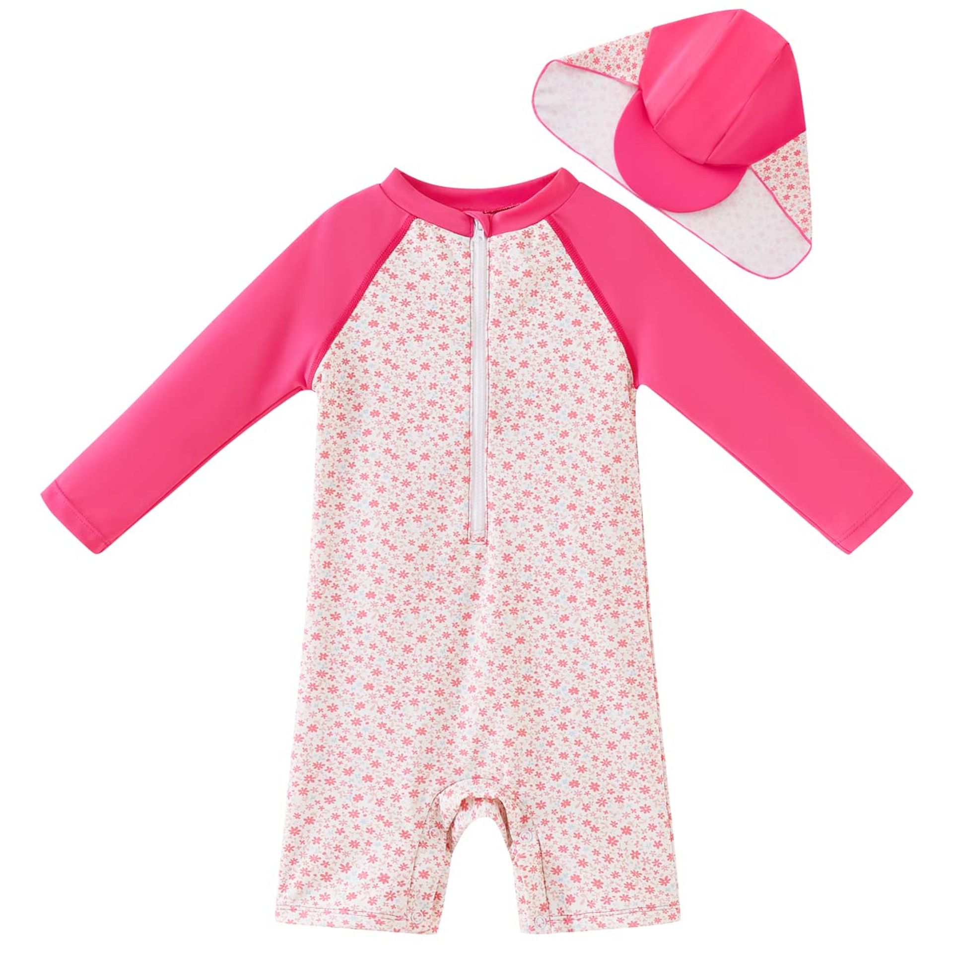 Infant Girls All-in-One Swimming Costume UPF 50+ Sun Protection with Sleeves and Easy Change Zip - Rose Flowers 0-3 Months