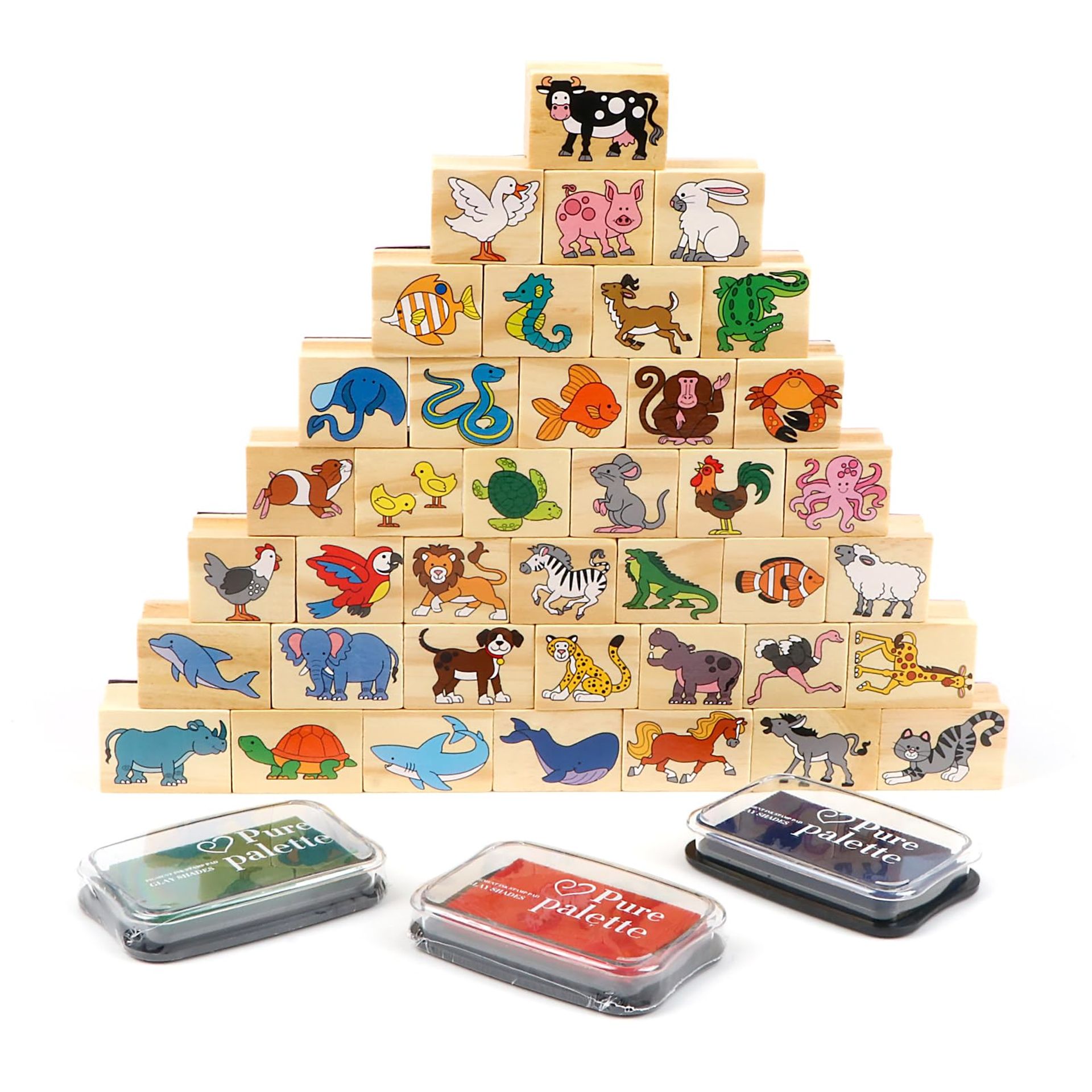 KABENFIS Wooden 40 Animals Stamps Set with Storage Bag Gift Toys for Girls and Boys
