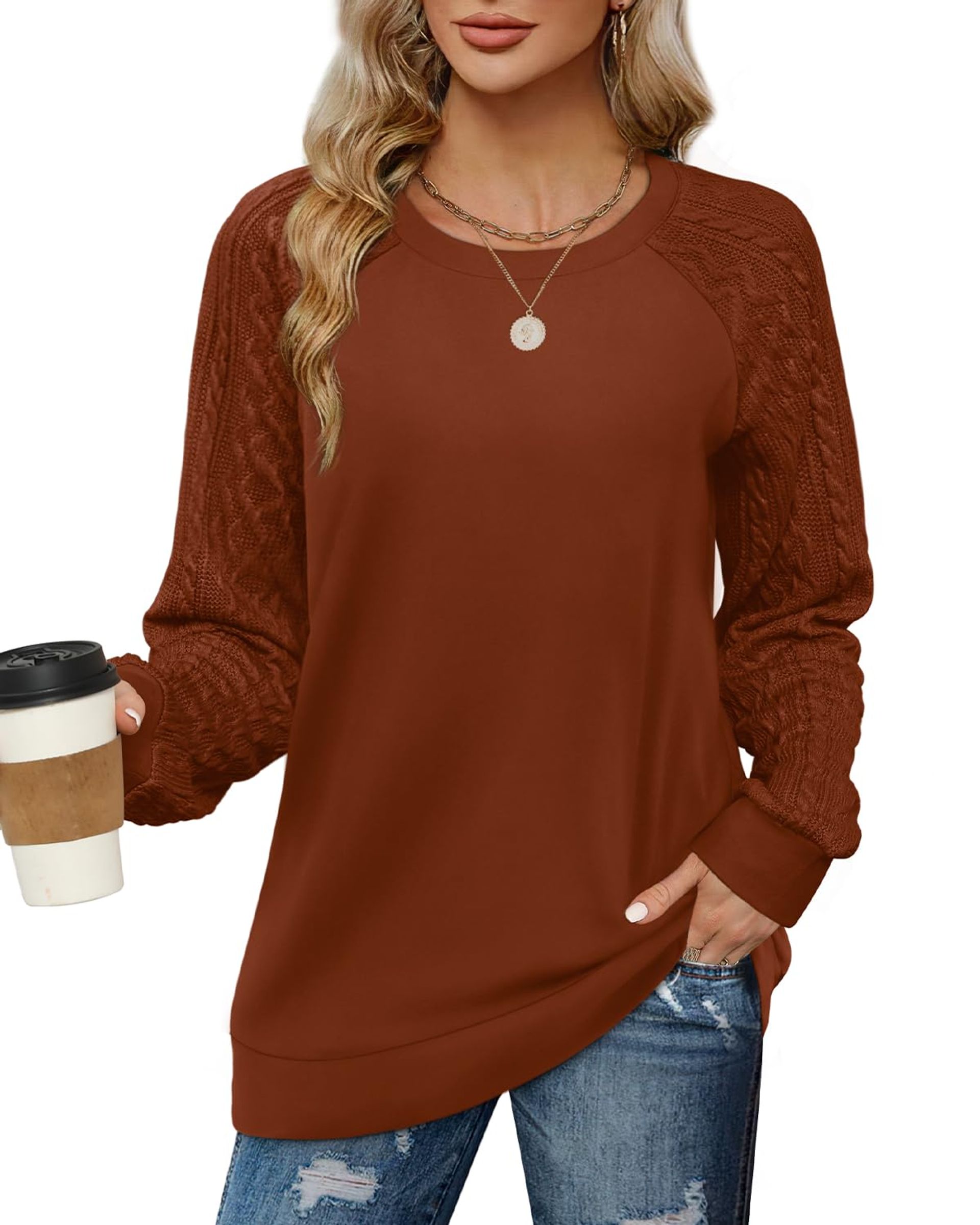 Women's Cable Knit Jumper Lightweight Long Sleeve Pullover Top - Caramel XL