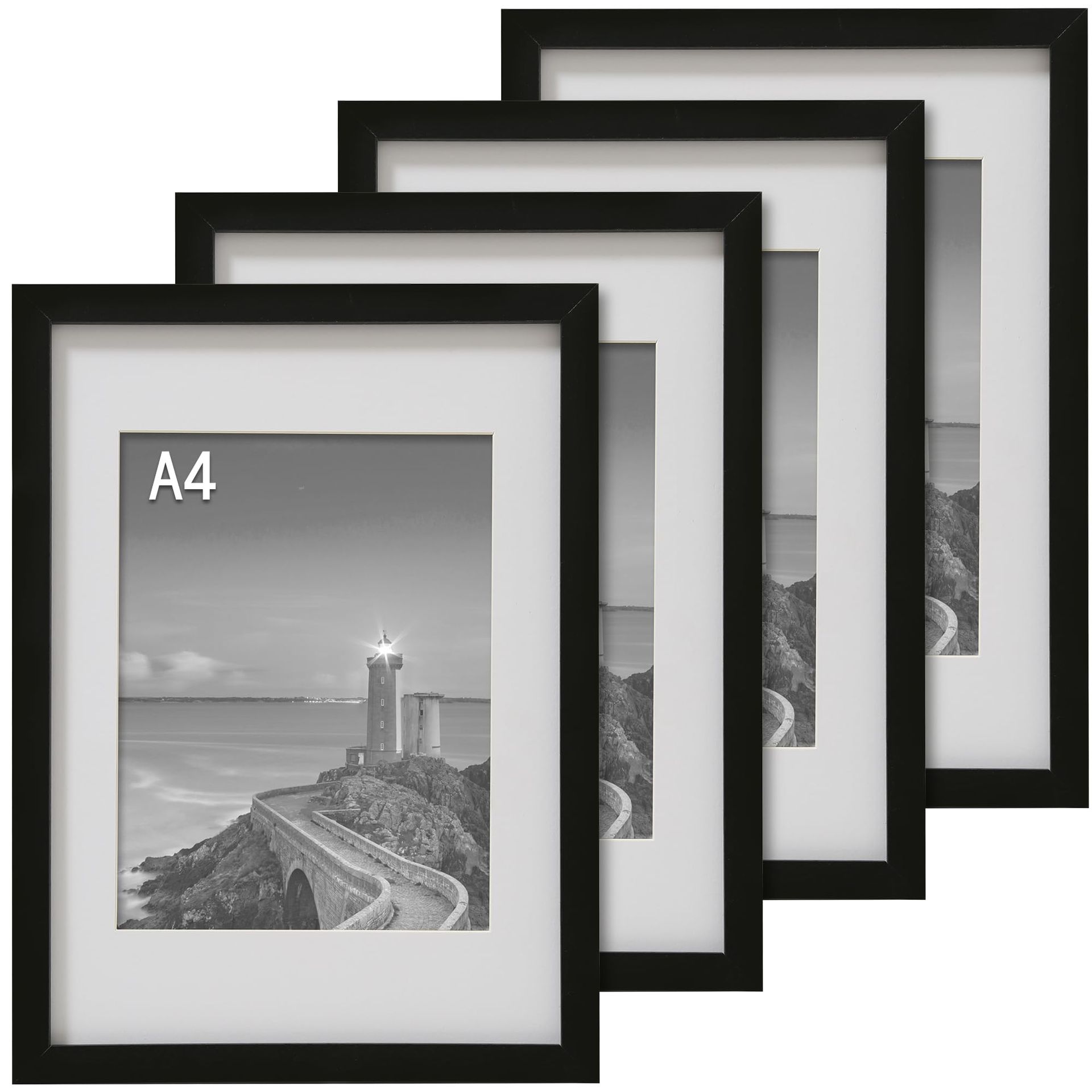 A4 Photo Frames Solid Wood Set of 4 for Pictures, Posters and Certificates - Black A4-4 Pack