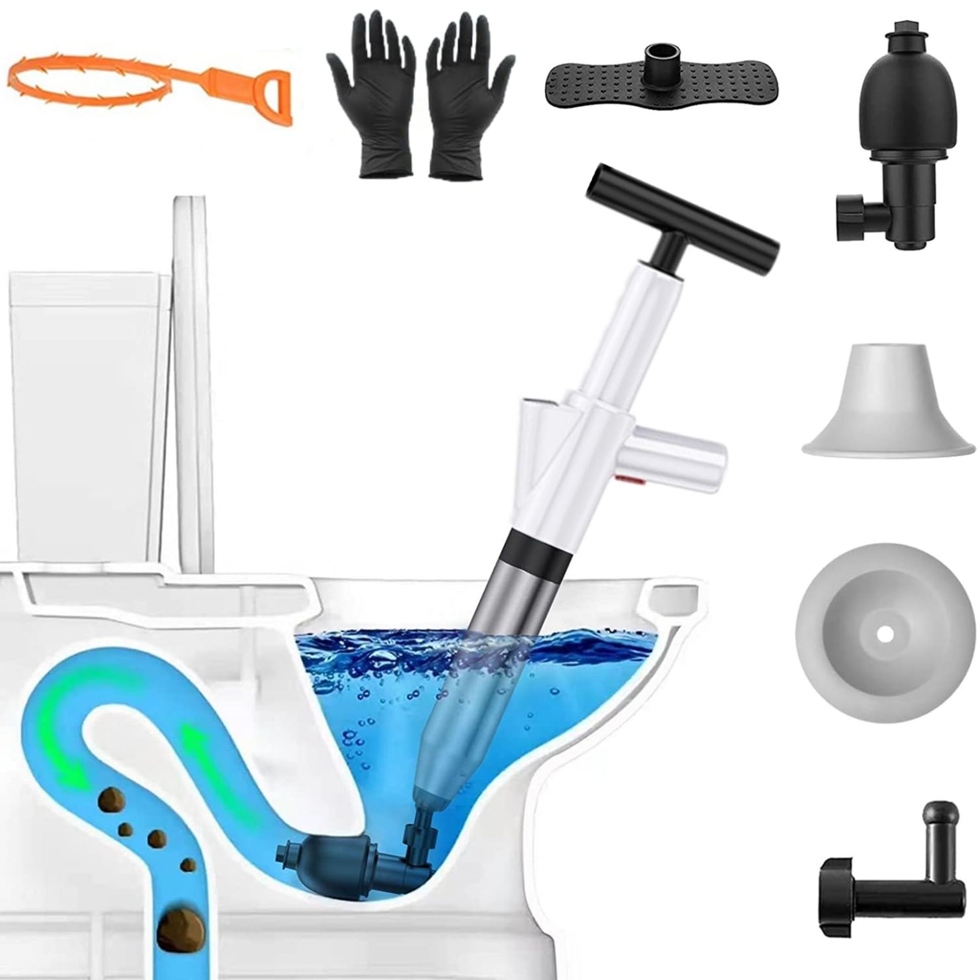 High Pressure Toilet Plunger Kit with Barometer and 4 Heads Air Drain Blaster - White 60x15cm