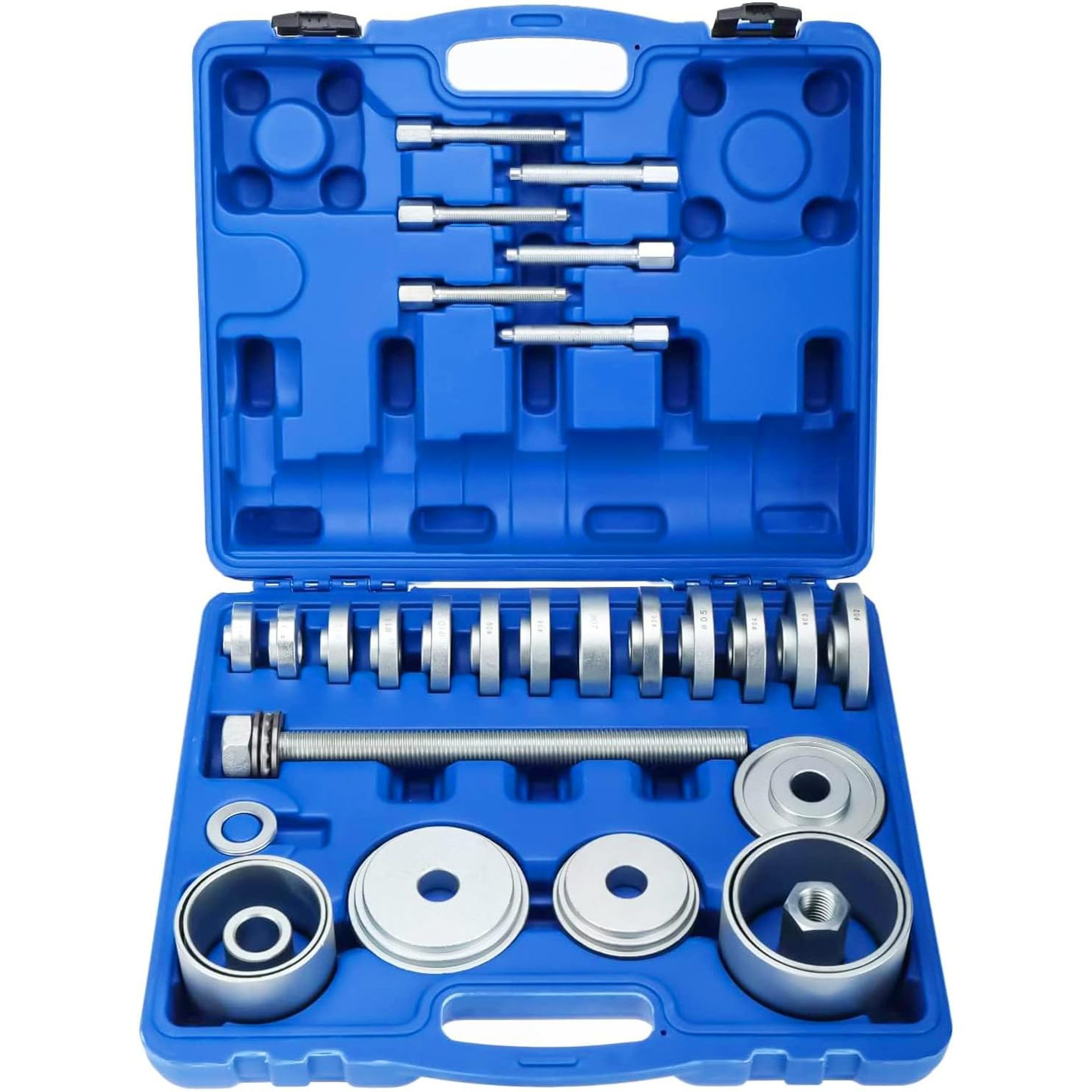 Universal 31-Piece Wheel Bearing Tool Set with Hub Puller, Extractor and Installation Kit - Silver Blue Case
