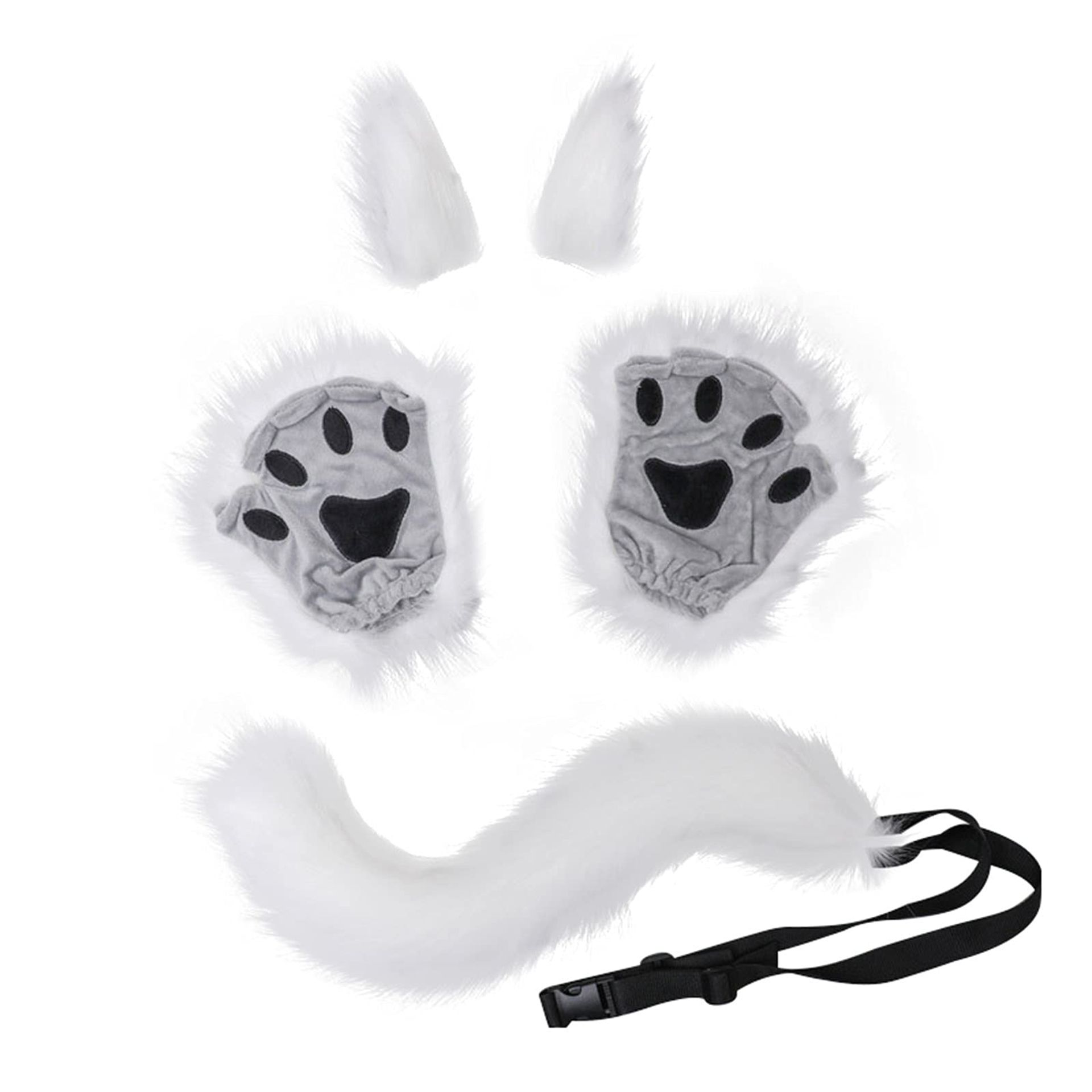 Anime Animal Costume Set Faux Fur Paws Tail Ears Hair Clips 5 Piece Cosplay Accessory - White L