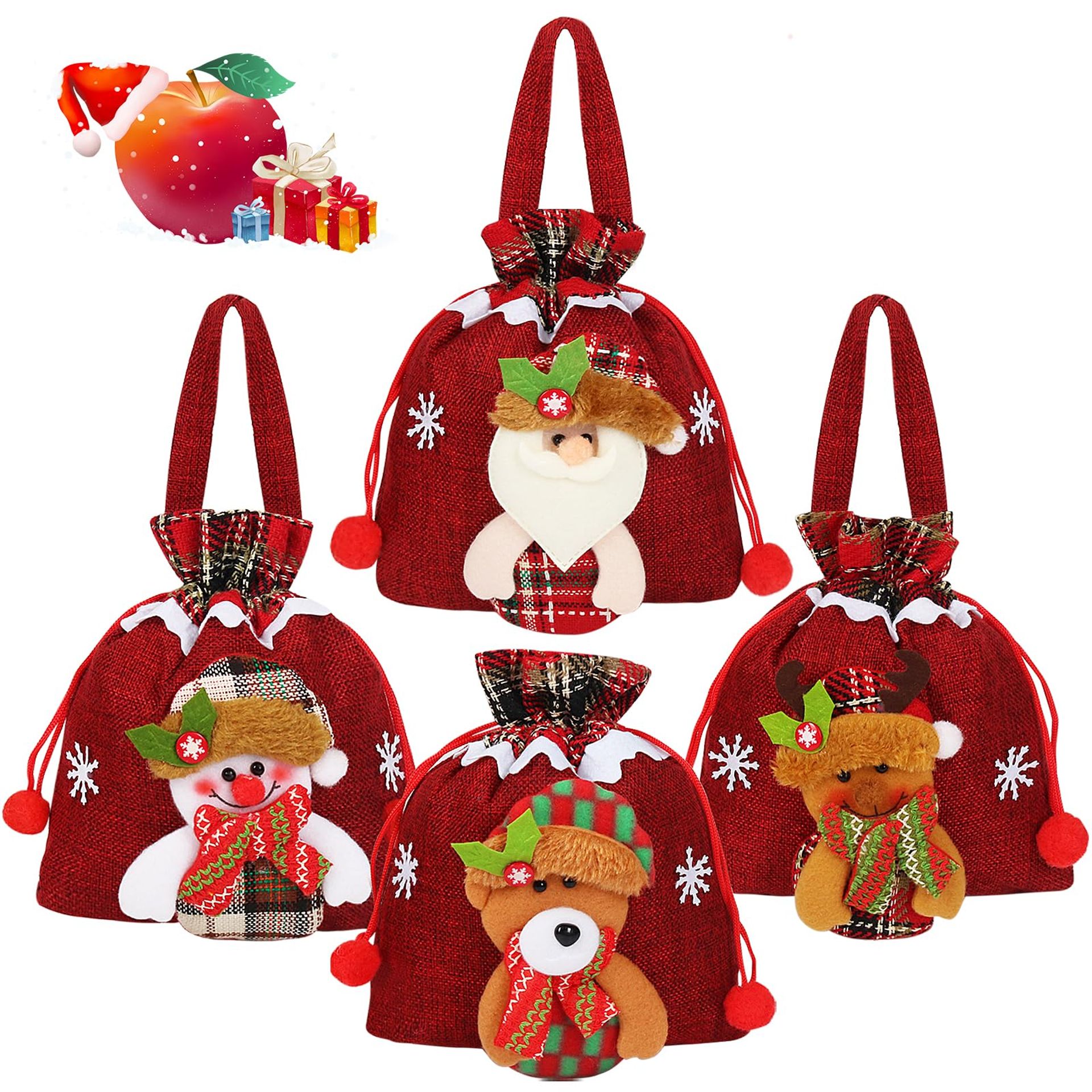 4pcs Christmas Doll Gift Bags with Drawstring, Reusable Burlap Xmas Bags for Santa & Party Decorations, 20 x 22 cm