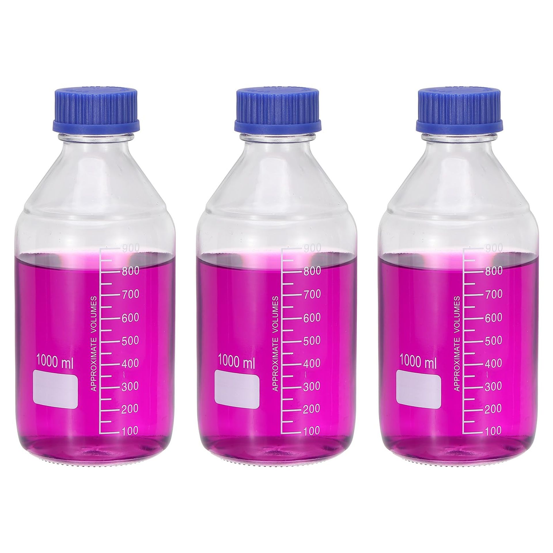 3 Pack 1000ml Borosilicate Glass Media Storage Bottles with Graduations & GL32 Screw Caps for Lab Reagents and Liquids