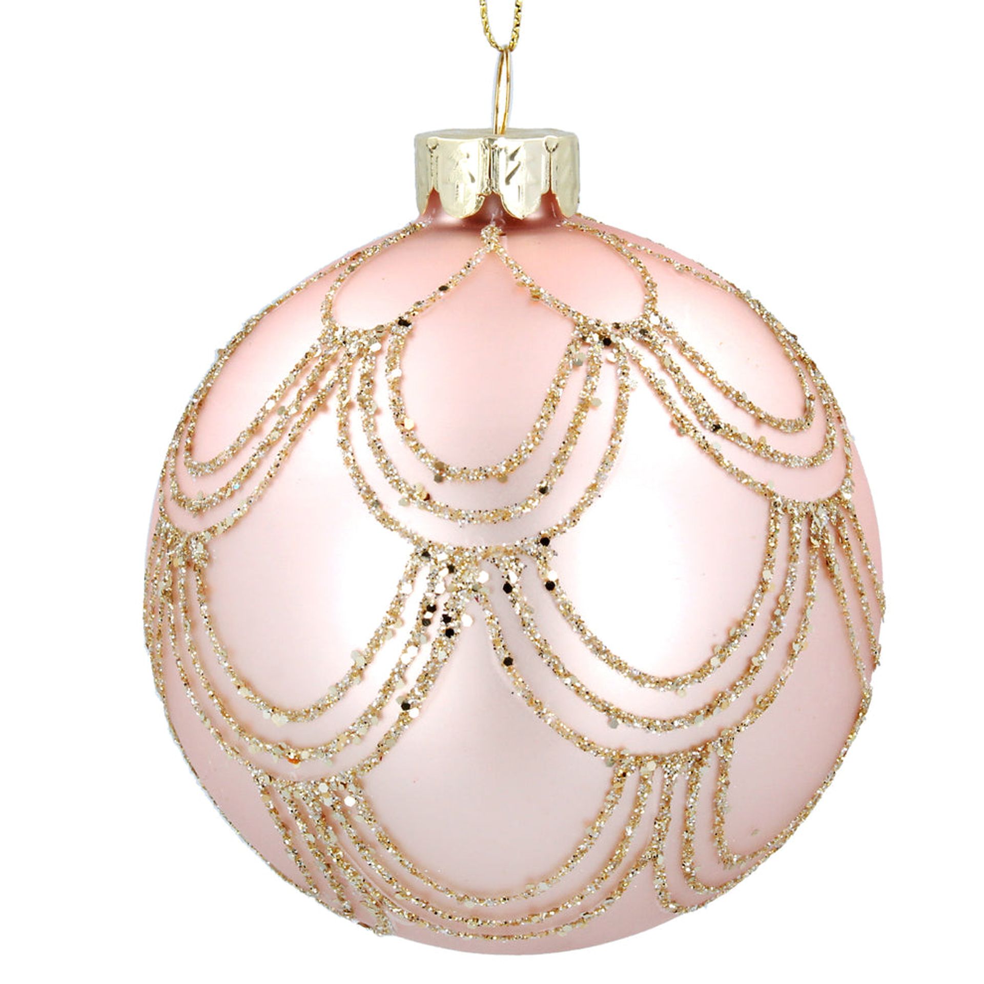 Gisela Graham 12 x Matt Pale Pink Glass Ball w Glitter Swags