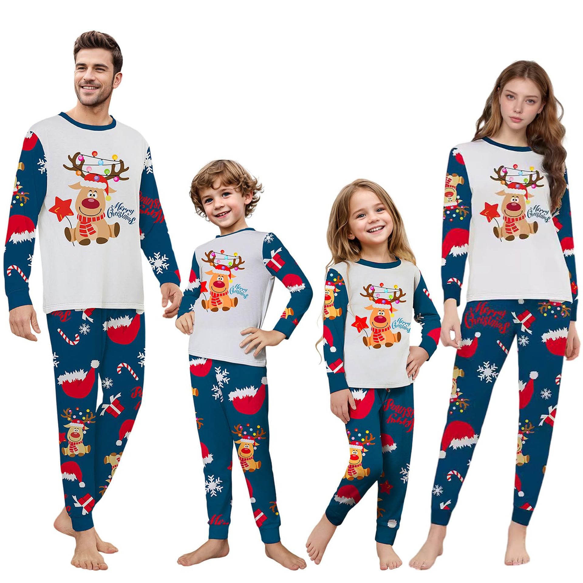 SERTAS Christmas Reindeer Family Pyjama Set - Matching White PJs for All Ages