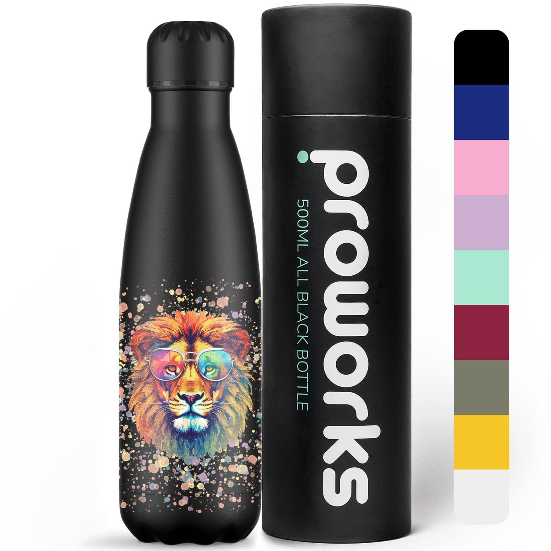 Stainless Steel Sports Water Bottle 500ml | Vacuum Insulated Flask Keeps Drinks Hot 12H & Cold 24H – Lion Paint Splatter Black