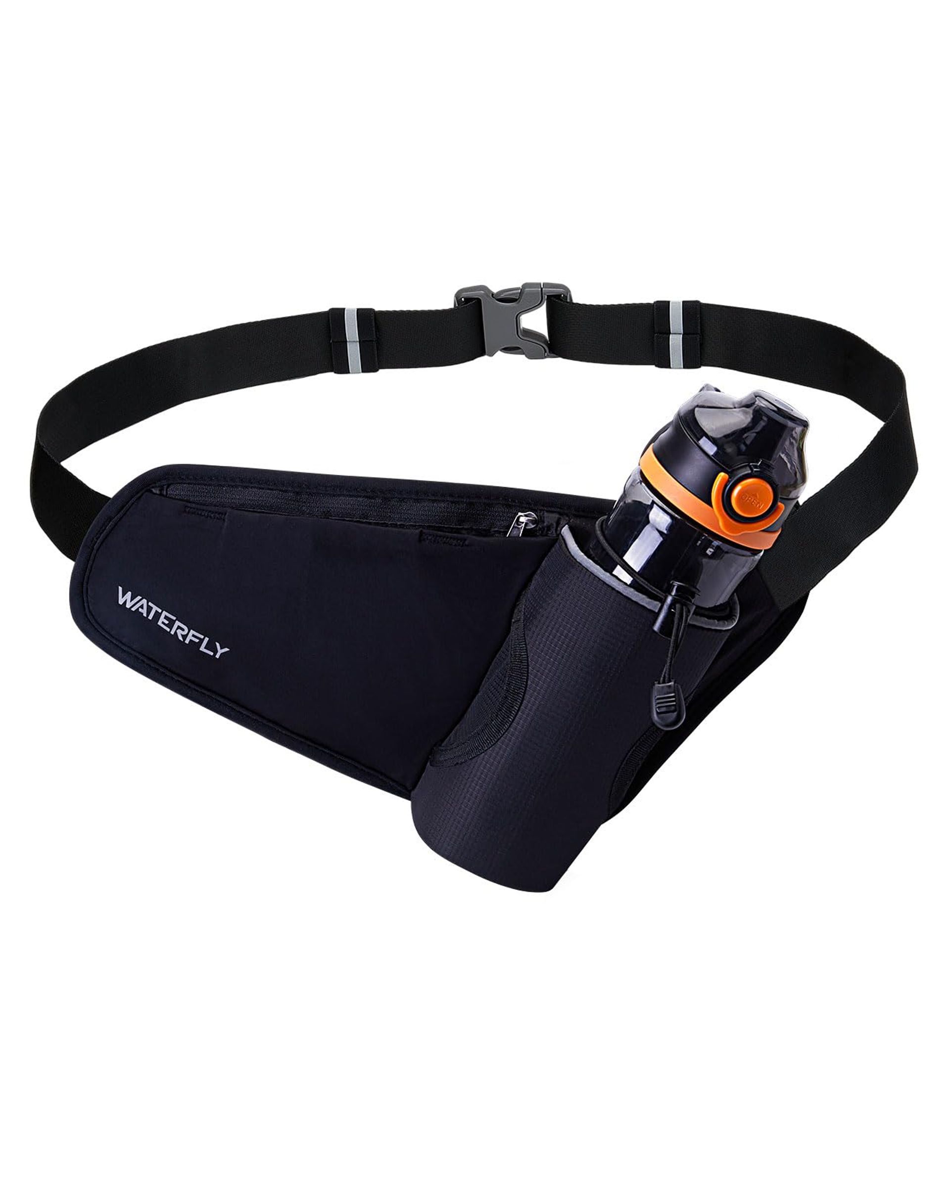 Running Belt with Water Bottle Holder, Reflective, Adjustable Fit for Men & Women – Black M, Ideal for Hiking, Jogging & Cycling