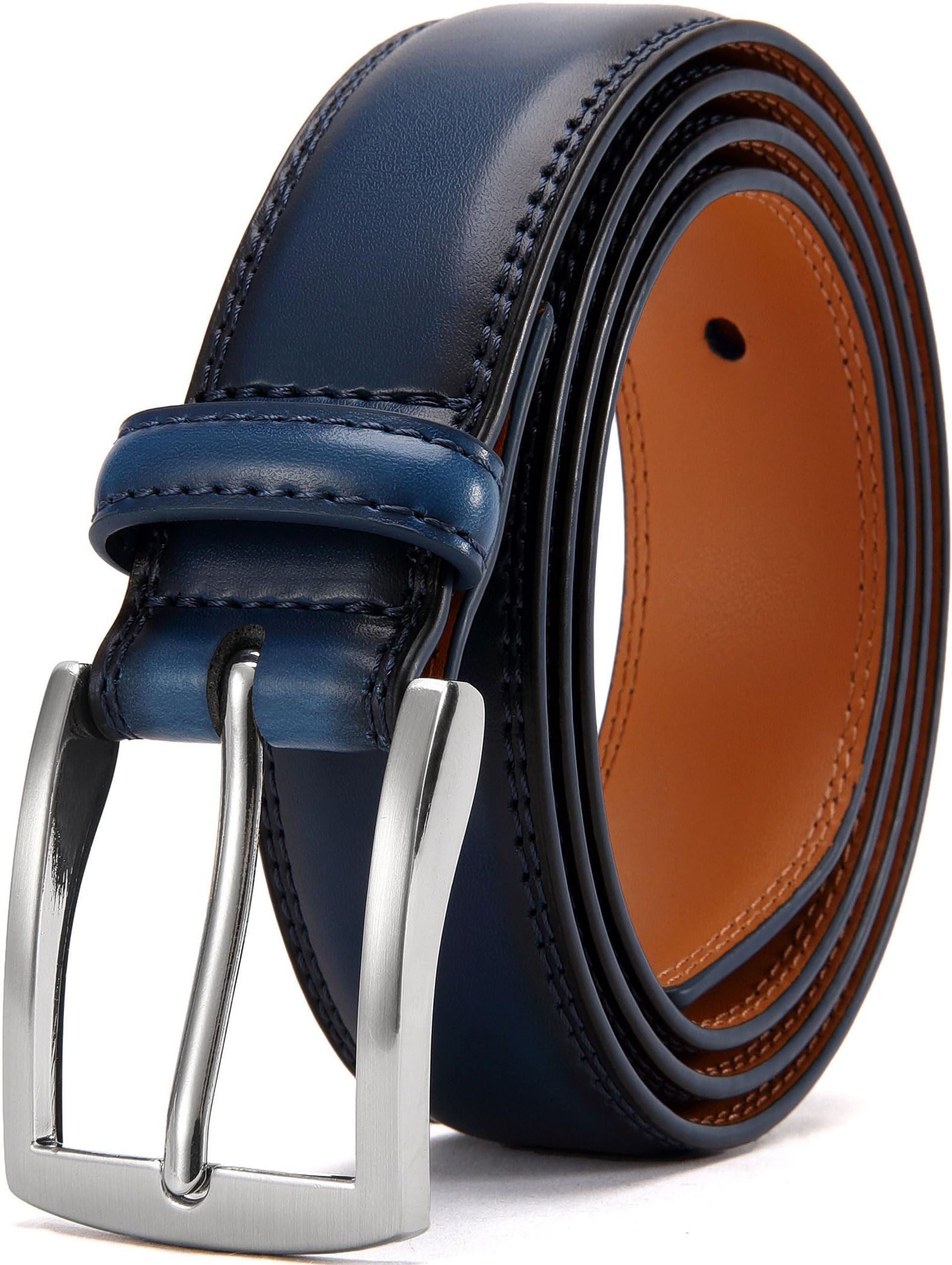 Men's Blue Genuine Leather Dress Belt - Single Prong Buckle for Suits & Jeans