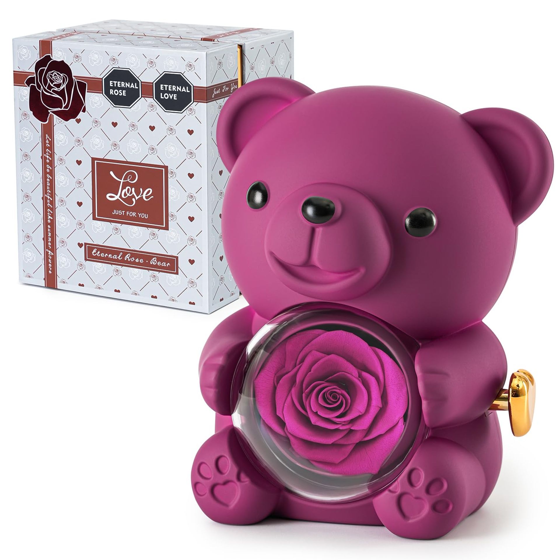 Teddy Bear with Preserved Real Rose in Elegant Gift Box and Heart Necklace - Purple Grey Box - Valentines