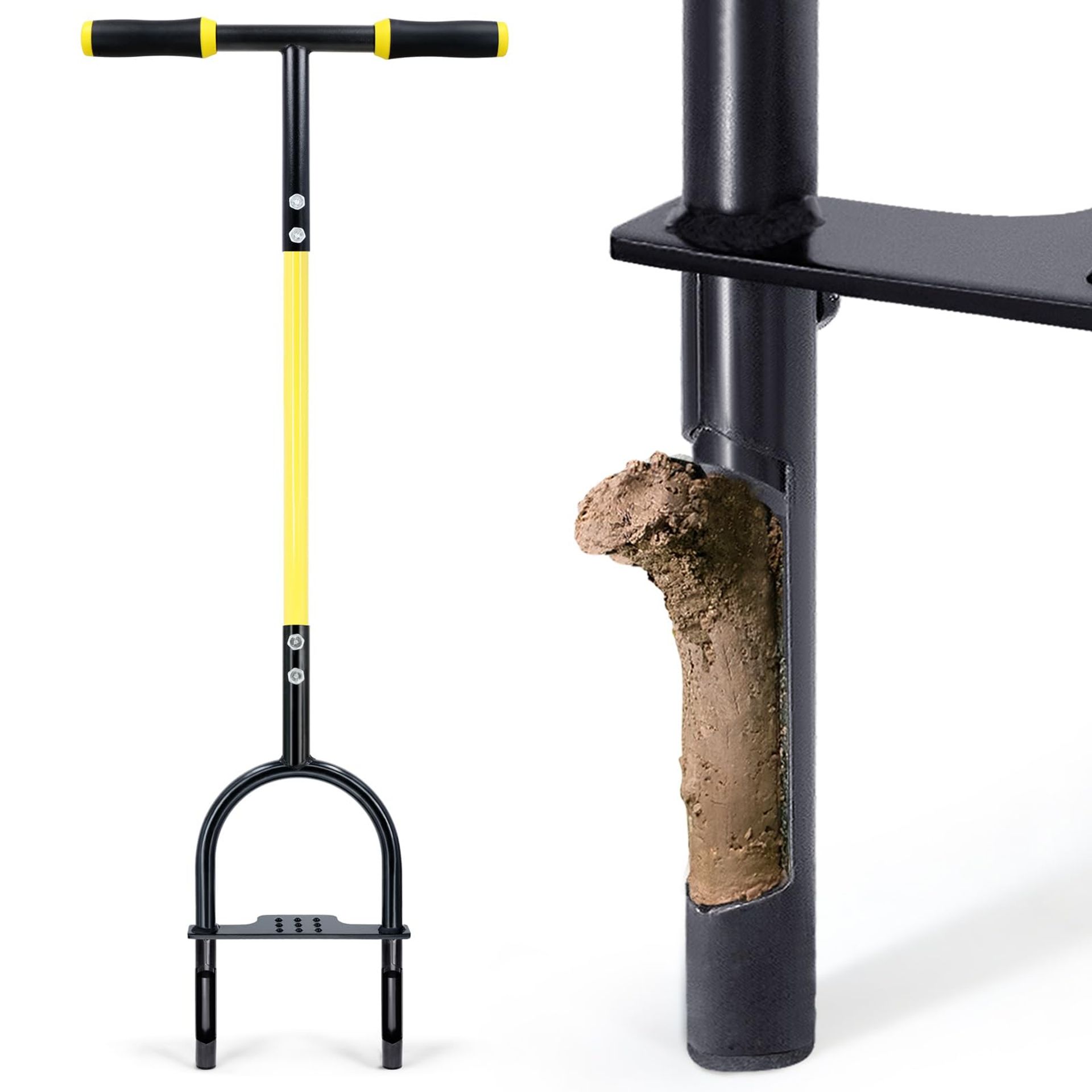 Manual Lawn Aerator Hollow Tine Tool Reduces Soil Compaction Coring with Cleaning Stick – Black & Yellow UK1119-05