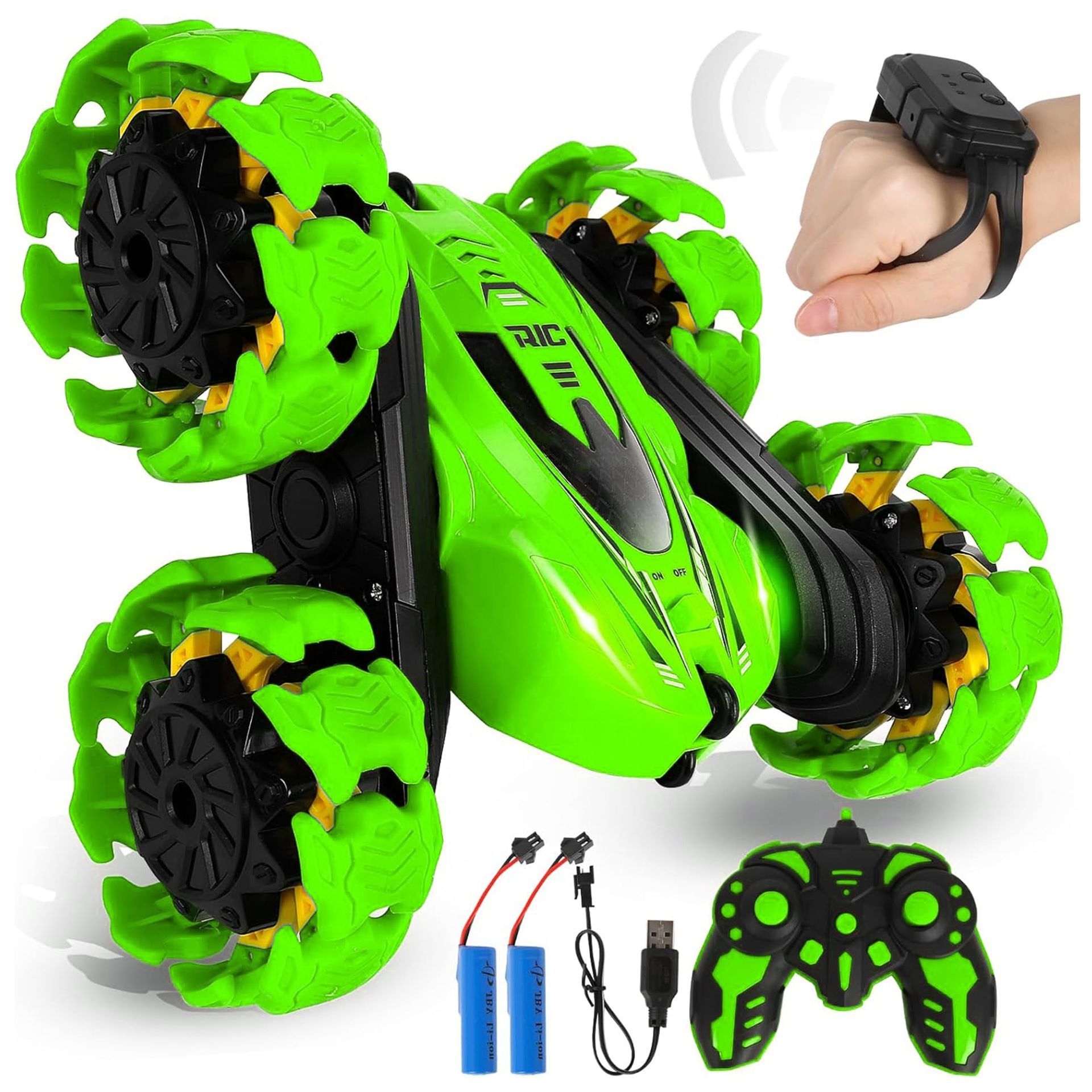 Remote Control Stunt Car with LED Lights, Watch Controller & 360° Spins - Kids RC Toy Ages 6+