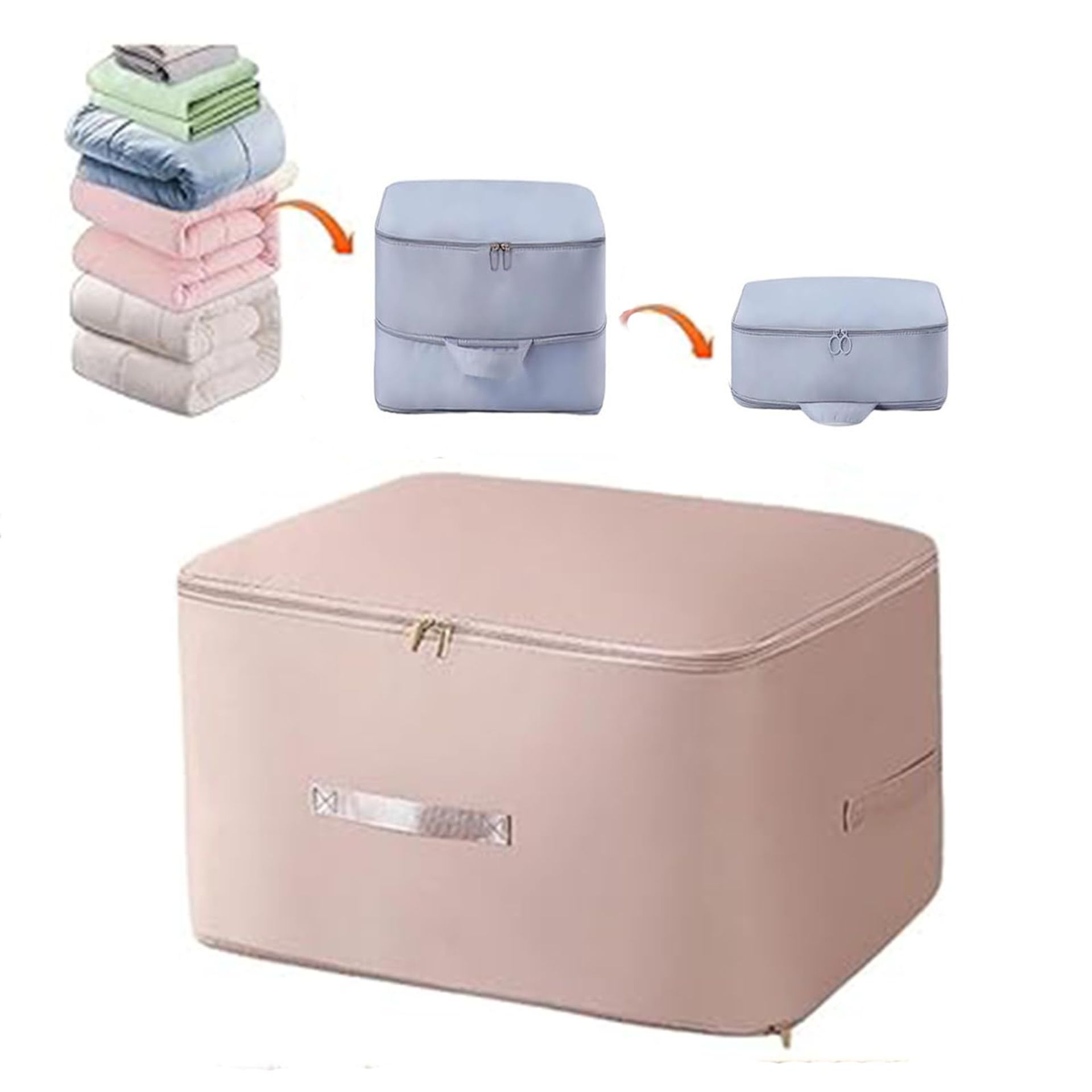 XL Pink Self Compression Duvet Storage Bag, Heavy Duty Organizer for Comforters & Blankets