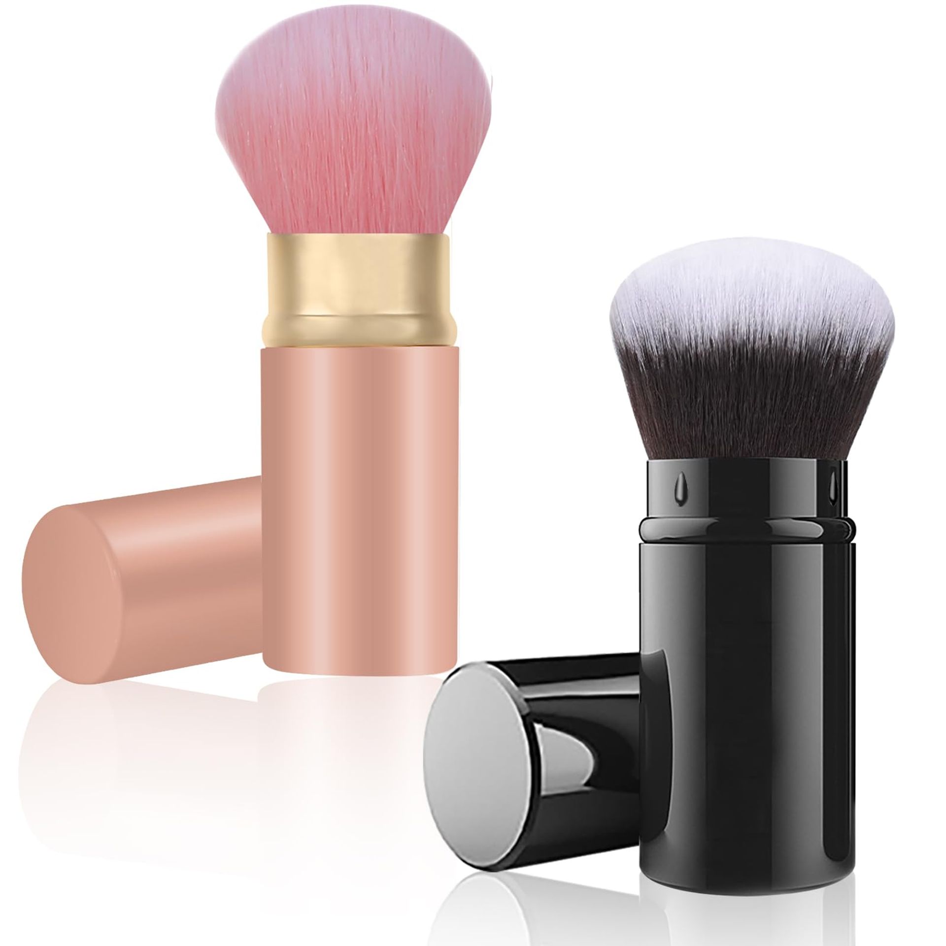 Retractable Makeup Brush Set 2 Pack Kabuki Powder Foundation Travel Brushes with Protective Cover for Blush, Bronzer & Highlighter - Black & Red S - Valentines - Valentines