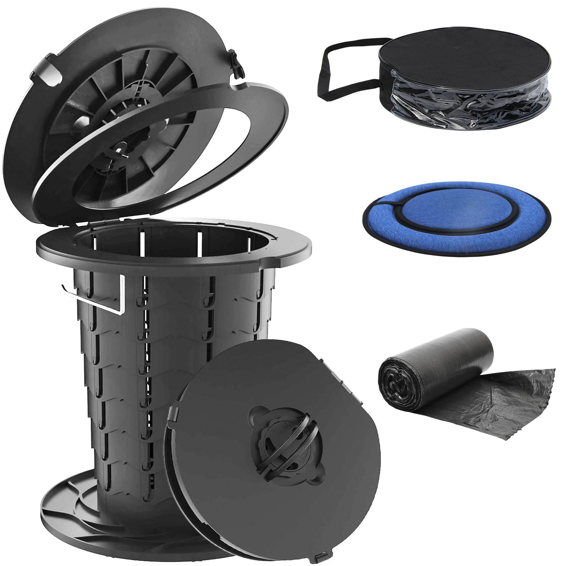 Portable Folding Toilet Adjustable Travel Camping Potty with Waste Bags - Black Medium
