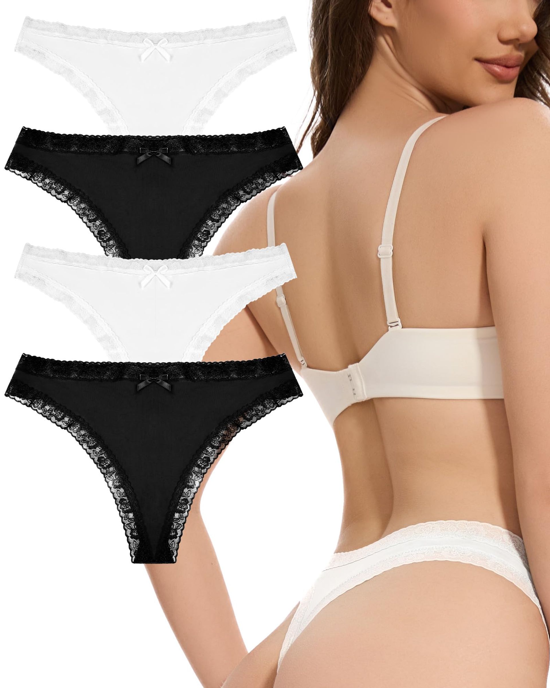 Women's Lace Thongs Seamless Ultra-Thin Soft Breathable Knickers No VPL G String Underwear - Black+Pink S