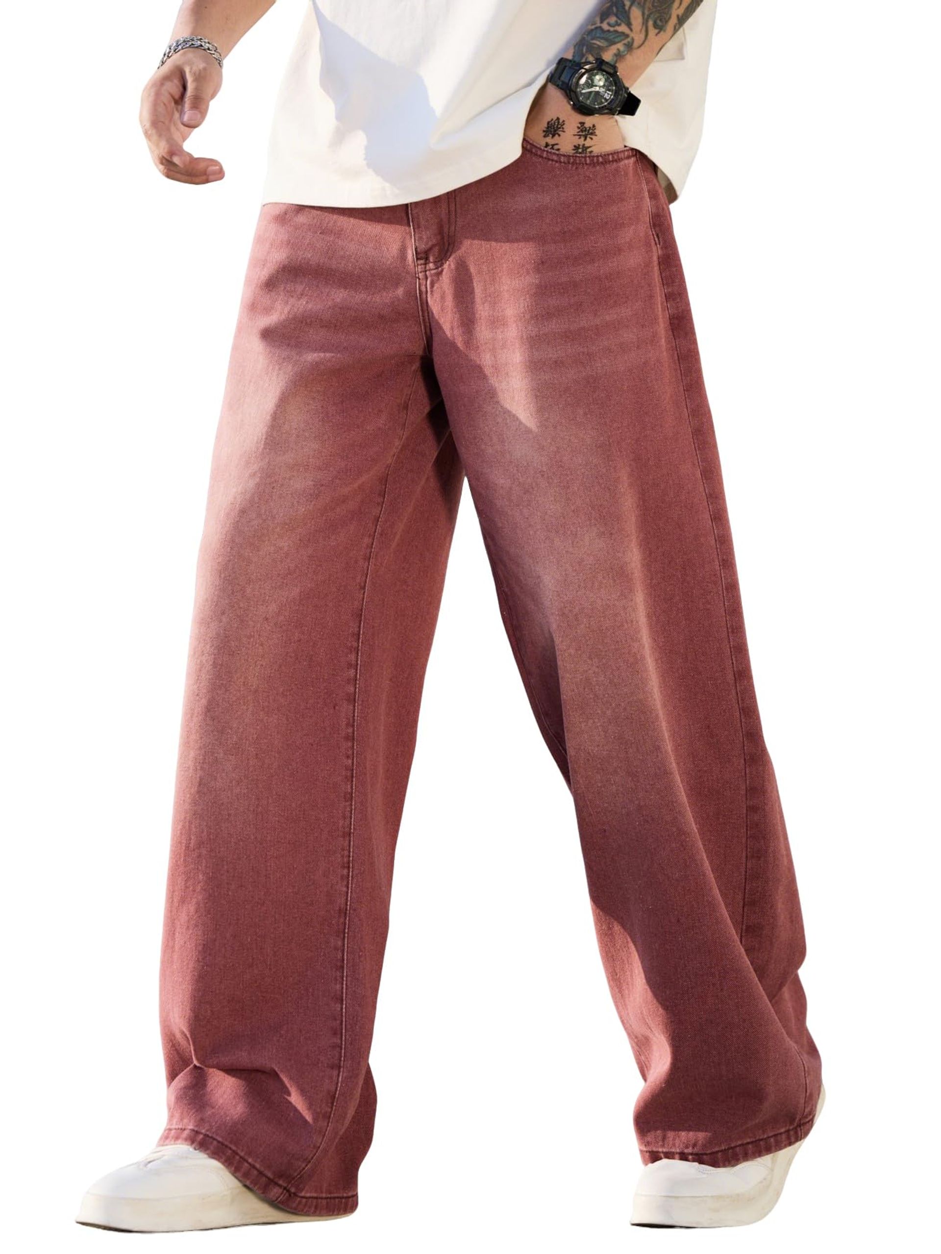 Men's Baggy Hip Hop Jeans Wide Leg Streetwear Denim Trousers Loose Fit Vintage Y2K Style - G10 Red M