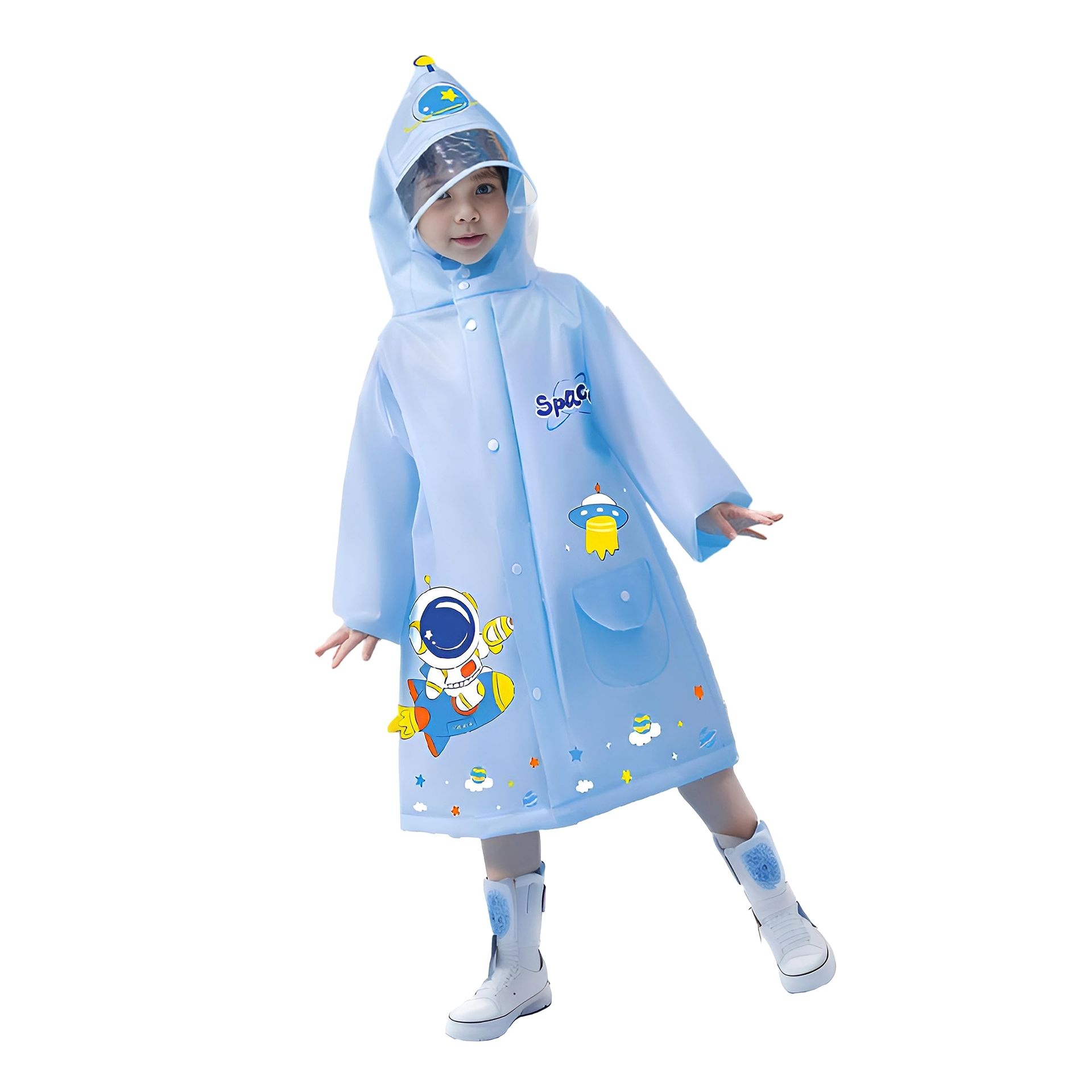 Toddler Astronaut Raincoat Poncho XL for Boys & Girls - Waterproof EVA, Hooded, Zipper Closure