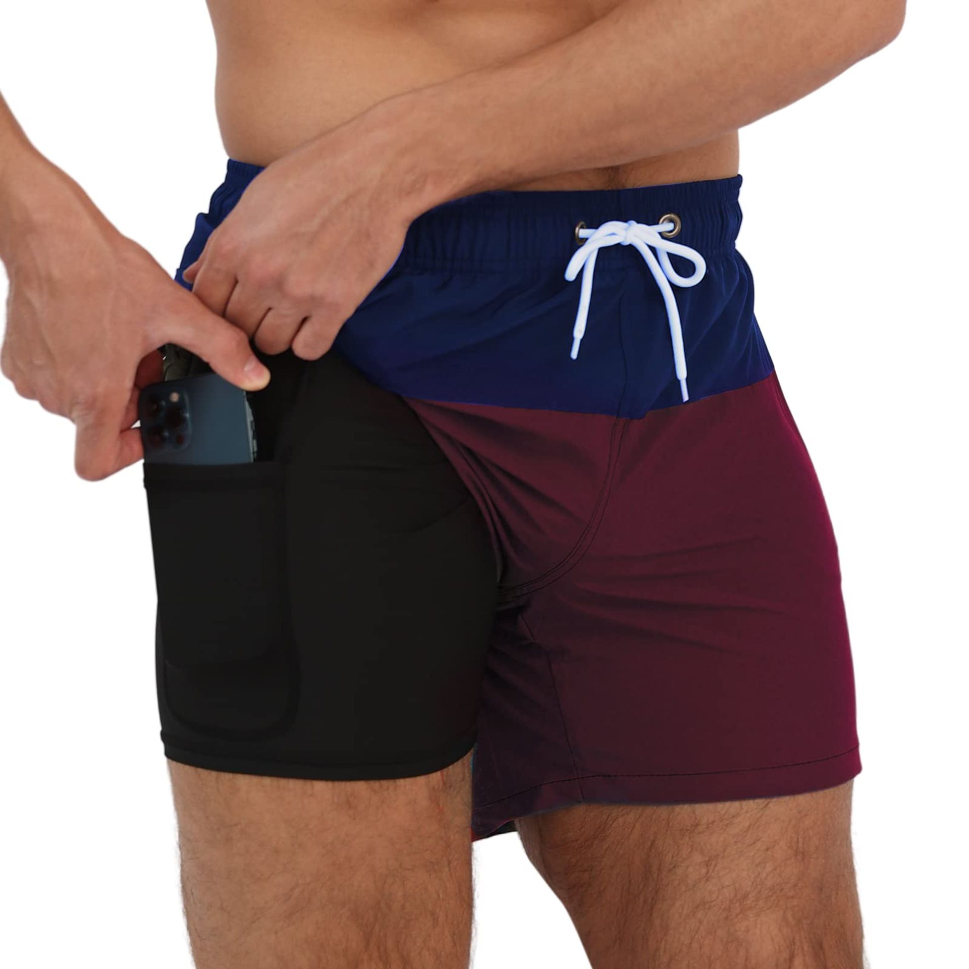 Men's Swim Trunks 2-in-1 Quick Dry Shorts with Compression Liner & Zipper Pockets - Dark Blue+Wine Red S