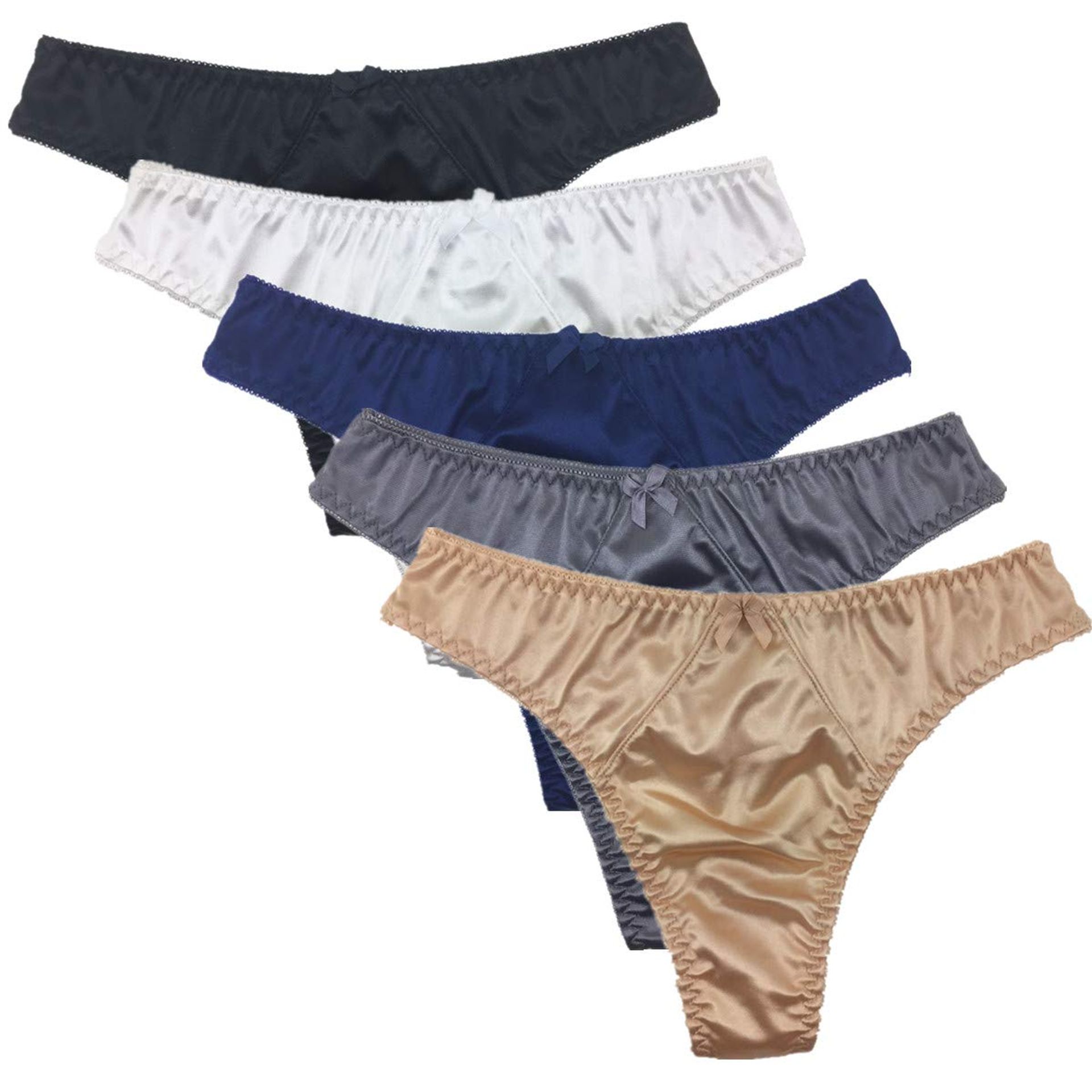 Women's Satin Thongs Knickers 5 Pack Smooth Comfort Fit with Cotton Crotch - Colour 1 S