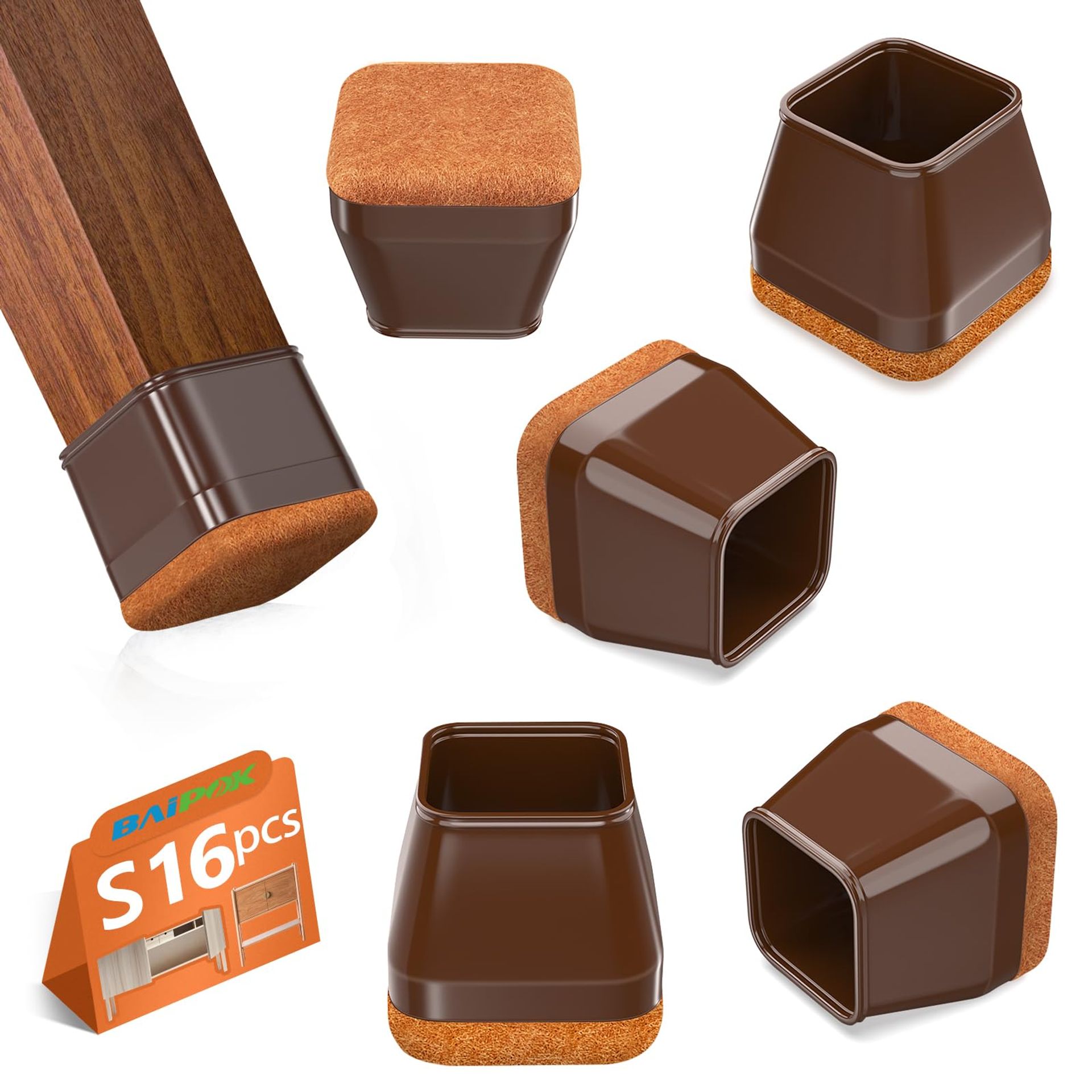 Square Silicone Chair Leg Protectors with Felt Pads No Scratch No Noise for Hardwood Floors and Furniture - Brown S(23-29mm)