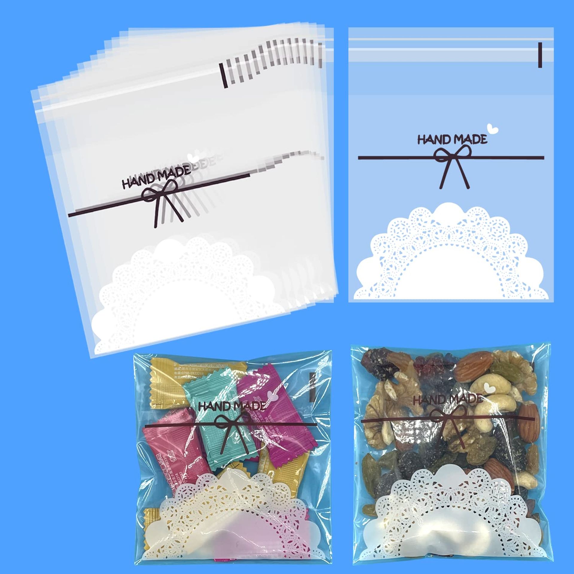 GWAWG 100 Pcs Cookie Bags 3.9 * 3.9 Inches Self Adhesive Treat Bags OPP Plastic Gift Bags Clear Biscuit Bags Party Favor Candy Bags for Valentine Chocolate Bakery Cookie Food (Pink lace 100pcs)