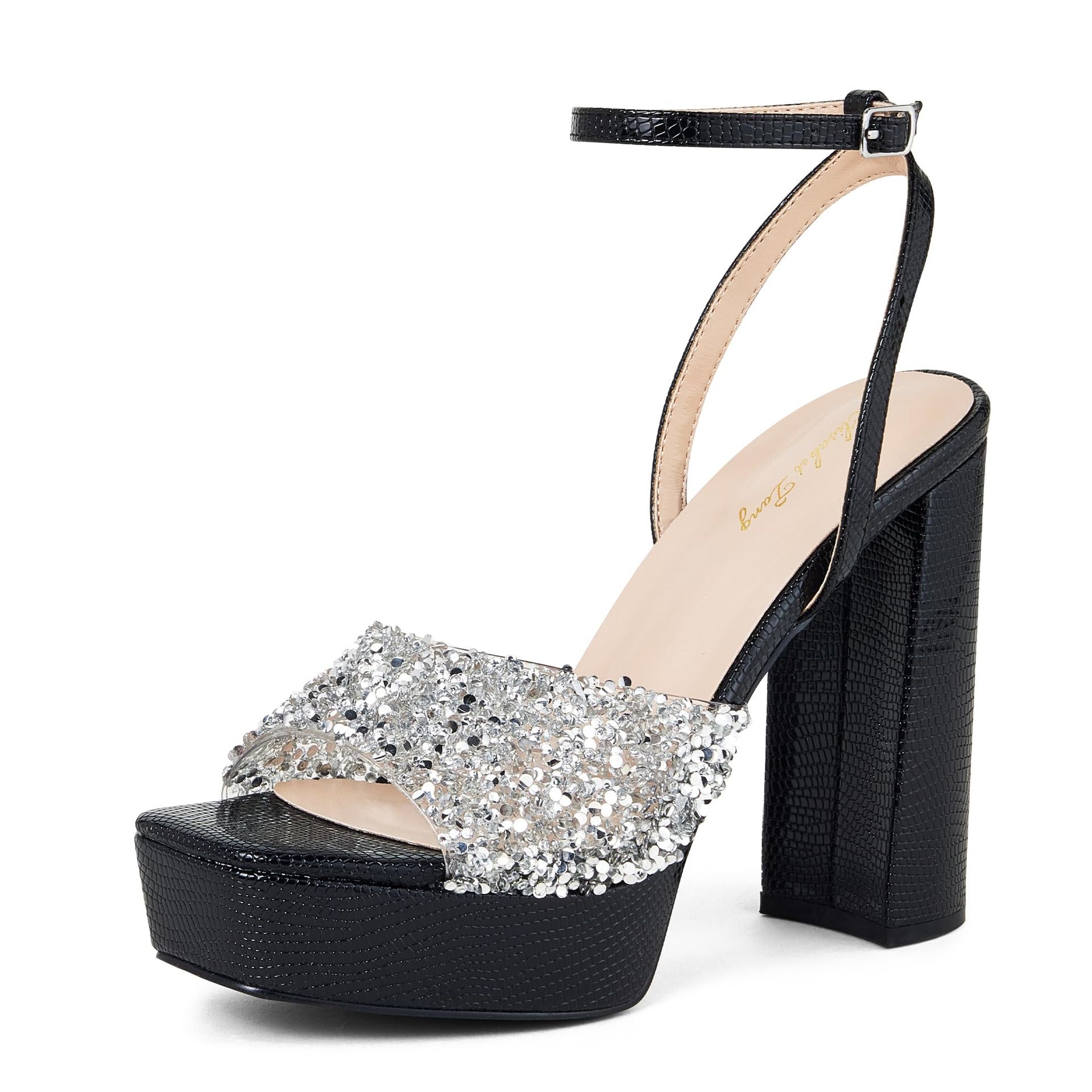 Women's High Heel Sandals Lizard Texture Peep Toe Ankle Strap with Rhinestone Embellishments 4.72 Inch - Black UK 6