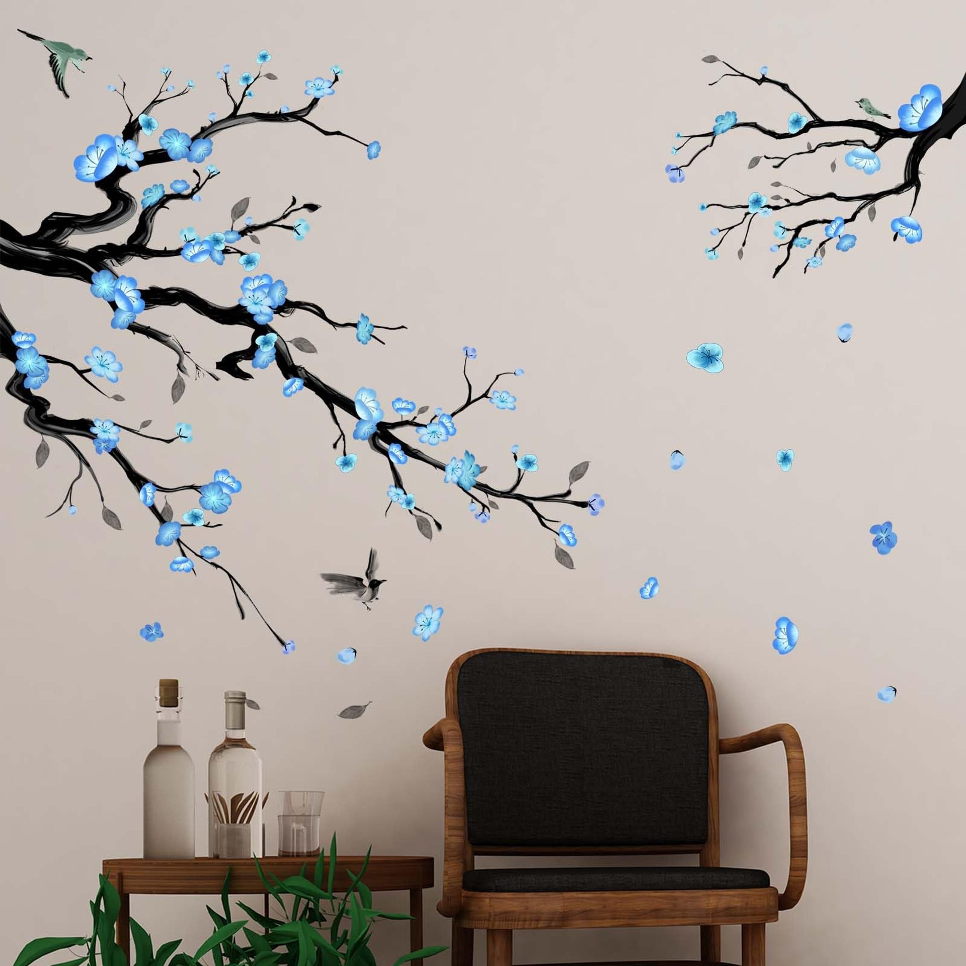Amimagen Blue Watercolor Cherry Blossom Wall Decals - Tree Branch Flower Birds Wall Stickers - Bedroom Living Room Sofa TV Background Home Wall Decor