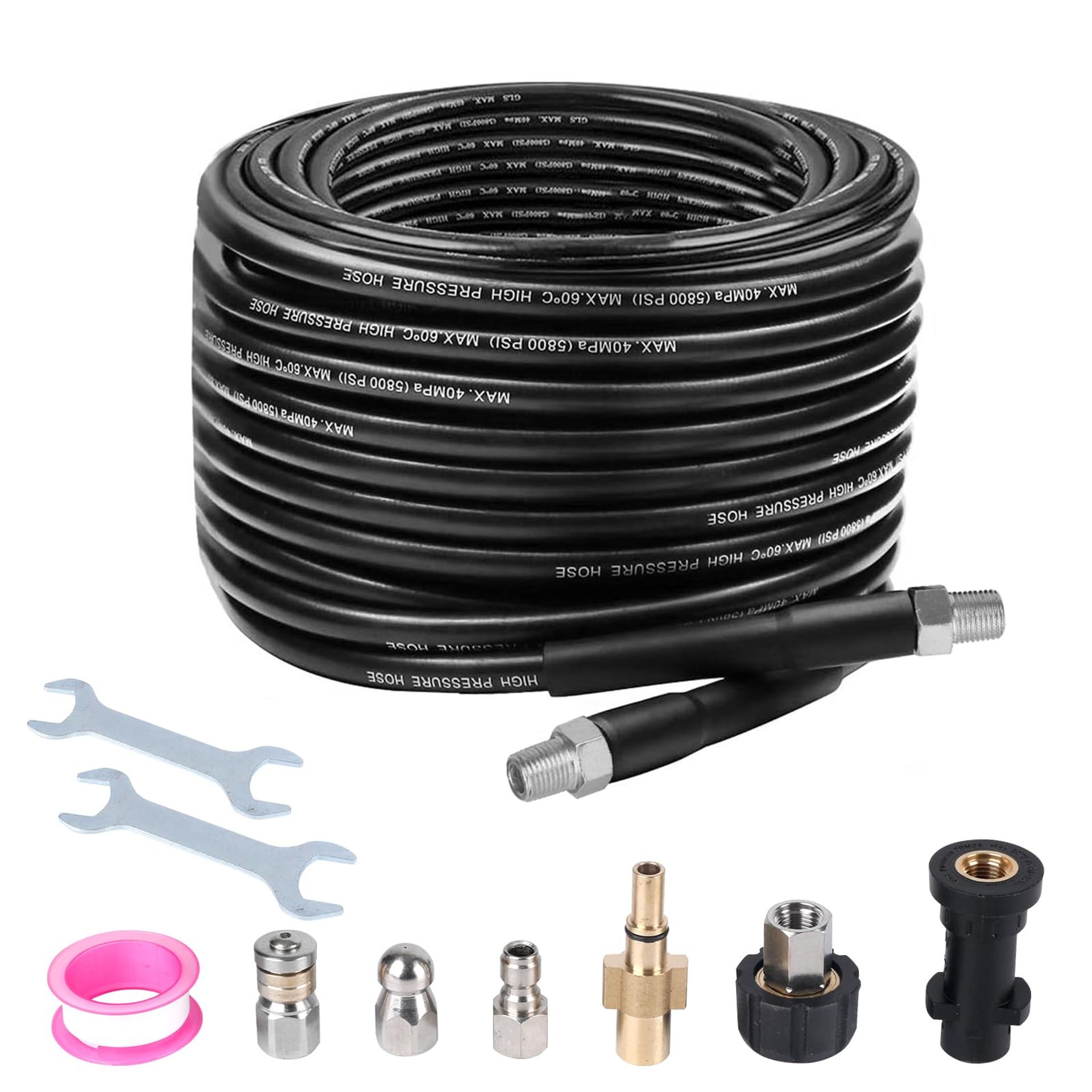 Professional 400 Bar Drain Jetting Kit with 50FT High Pressure Washer Hose, Nozzles & Connectors for Sewer and Sink Cleaning - Black 15 Metres