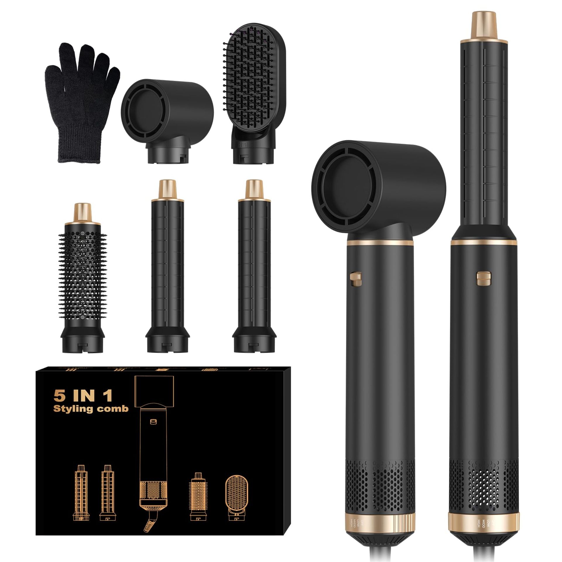 5 in 1 Hair Dryer Brush Multifunctional Air Styler with 30mm Curler, Detachable Tools for Drying, Curling & Volumising - Black - Valentines