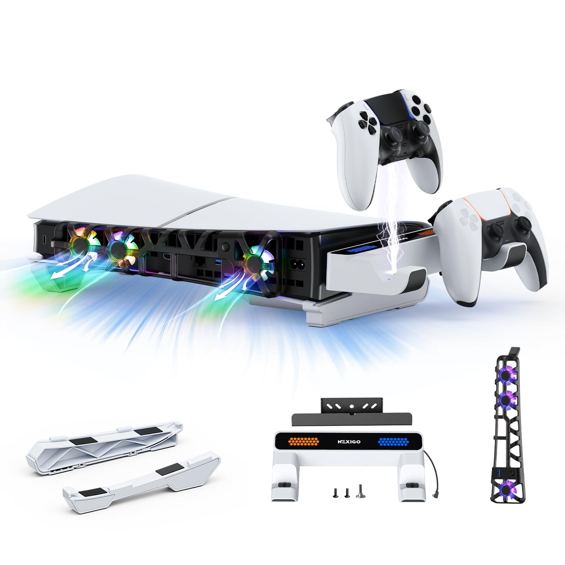 PS5 Slim Horizontal Stand Charging Station with Silent RGB Cooling Fan and LED Indicator - White Slim 1556 WHT