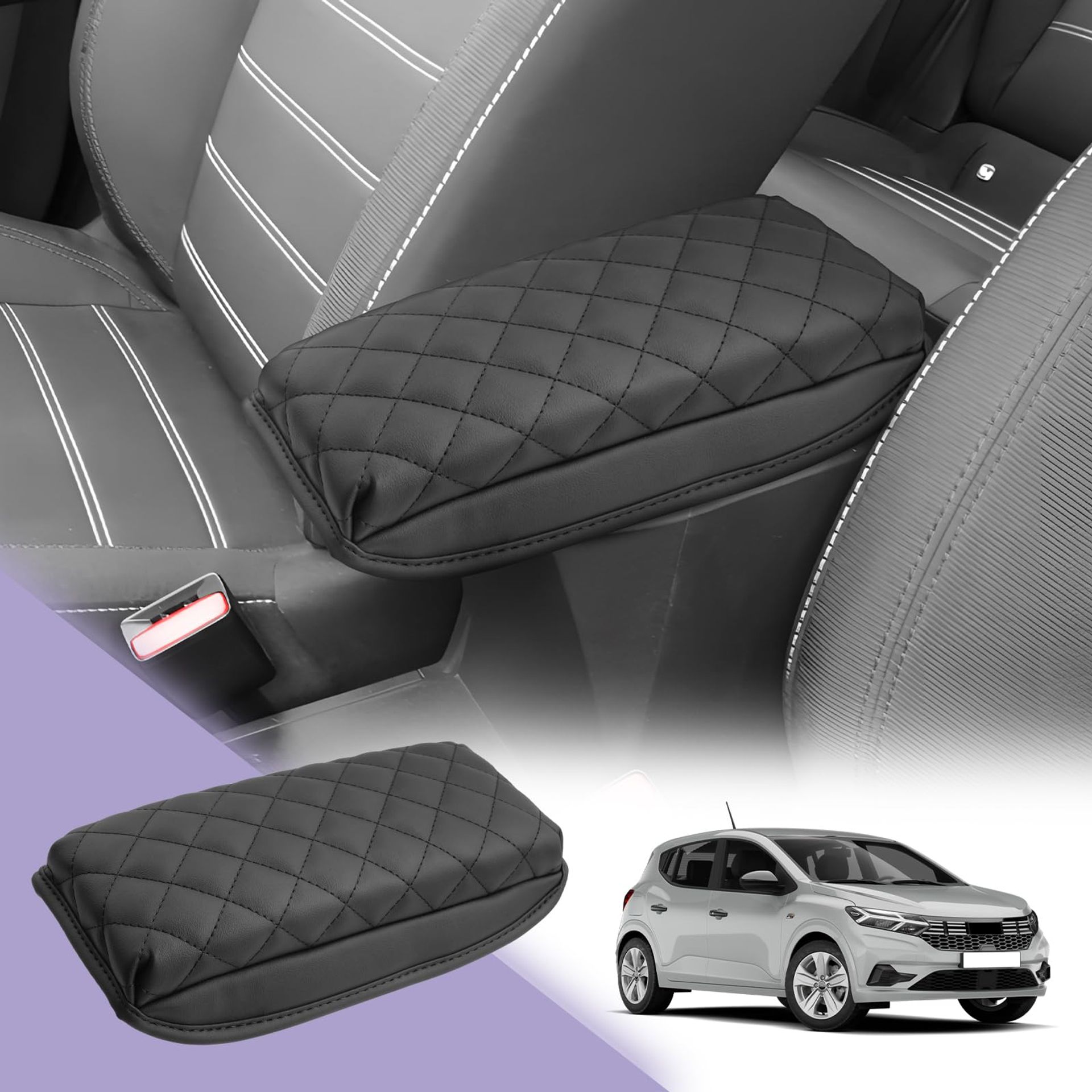 Car Armrest Pad Centre Console Cushion Memory Foam Leather Cover for Dacia Sandero 3 Jogger Stepway 2021-2025 - Black Thick