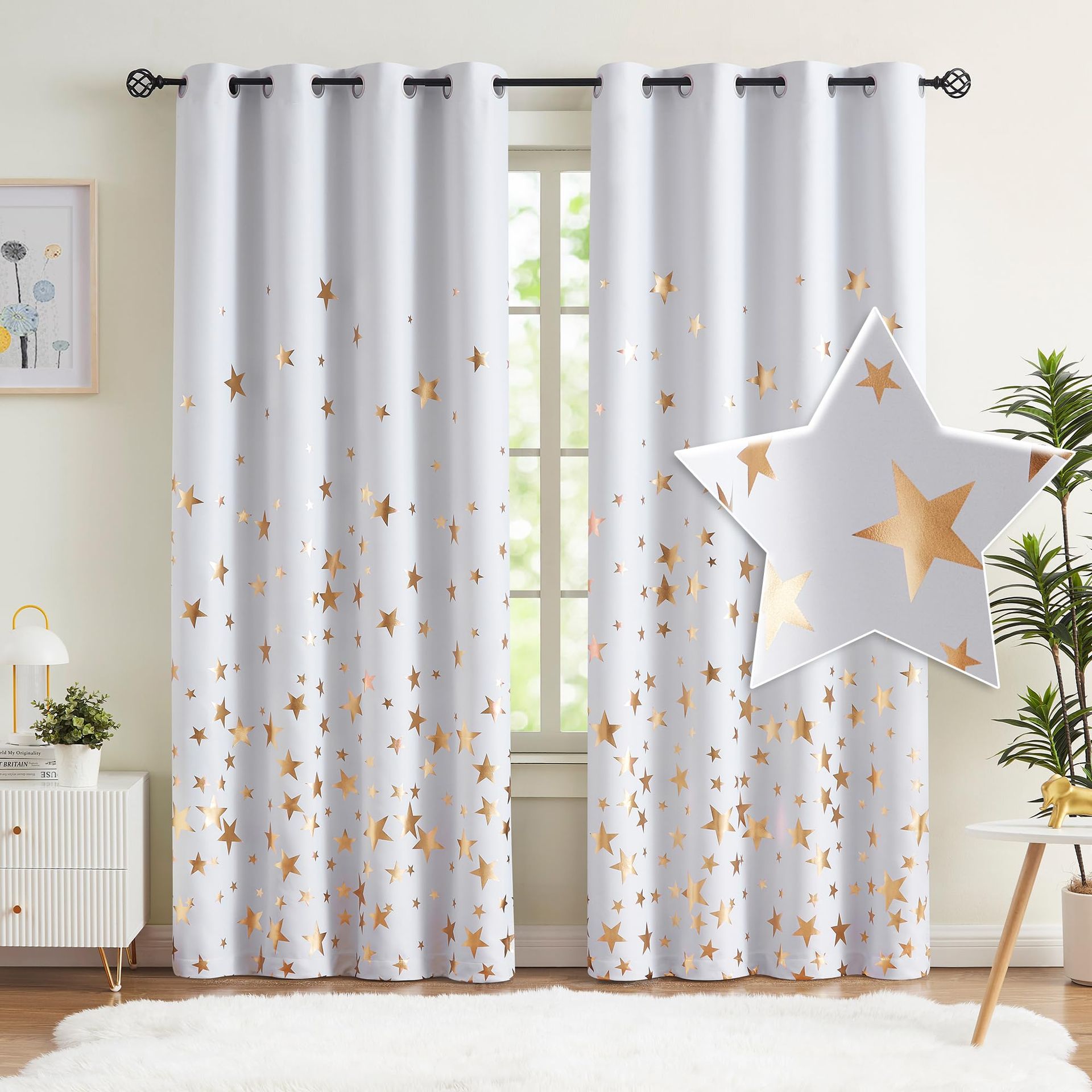 Blackout Eyelet Curtains Thermal Insulated Star Pattern Window Panels 2 Pack - Star-Greyish White W50 x L90