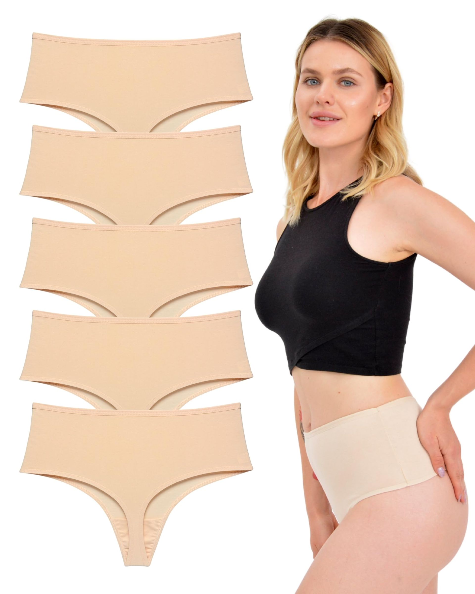 LadyMelex Women's High Waist Cotton Thong Knickers Women Breathable Underwear Multipack Pack of 5, Beige, S