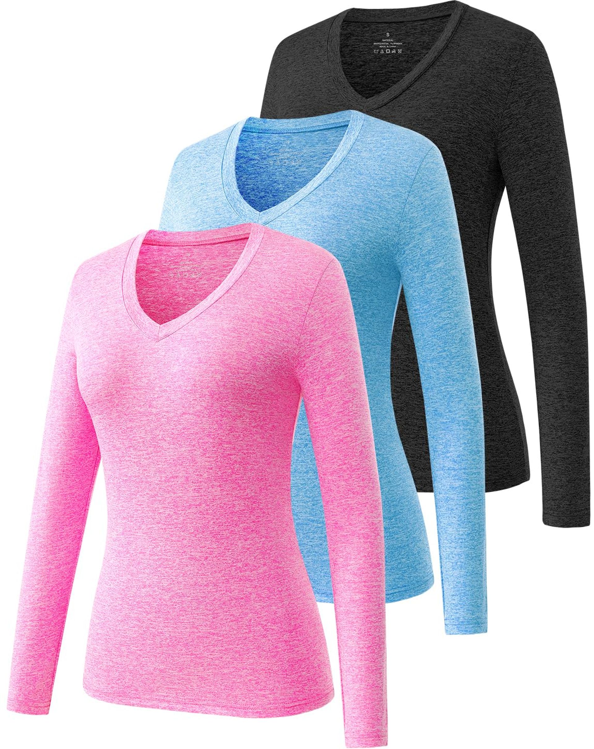 3 Pack Women's V-Neck Long Sleeve Athletic Tops - Moisture Wicking Compression Workout Shirts Black/Blue/Pink M