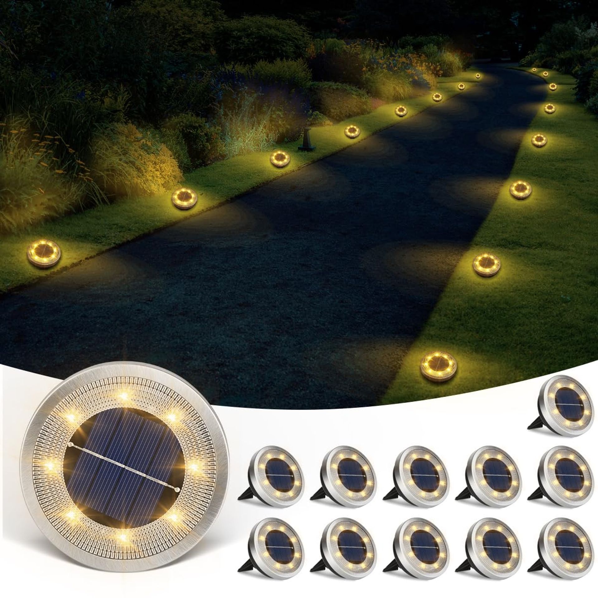 Solar Lights Outdoor Garden Pathway IP65 Waterproof Ground Lamps with Two Installation Methods - Solar Ground Lights 12 Pcs