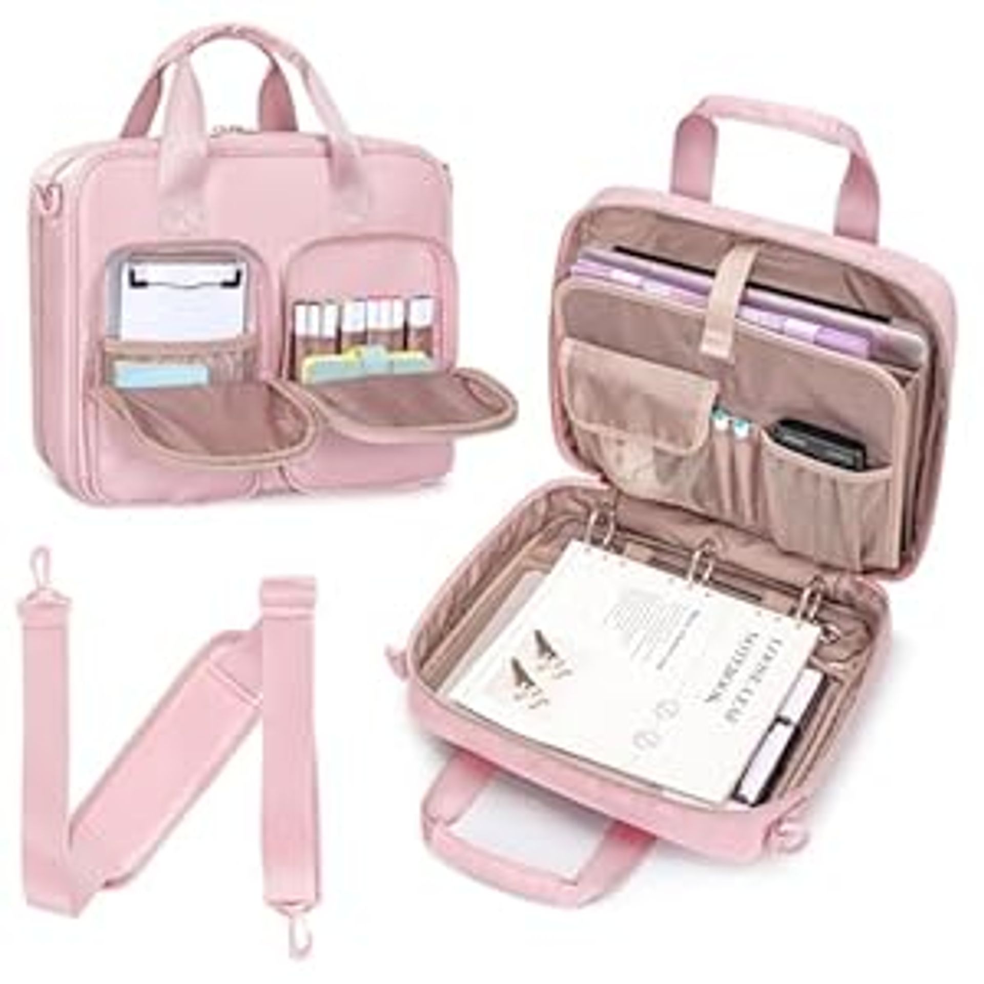 3 Ring Zipper Binder Organiser Bag with 2 Inch Capacity, Shoulder Strap & Laptop Pocket - Pink