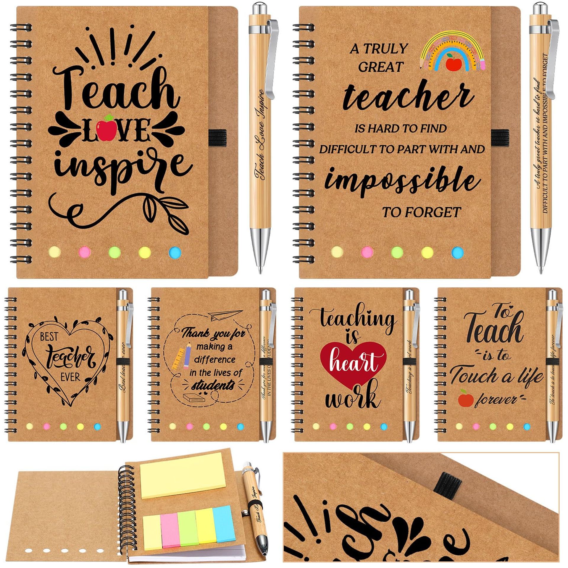 Teacher Appreciation Gift Set 12 Pcs with 6 Notebooks & 6 Bamboo Pens Motivational Journals - Multi Colour Classic