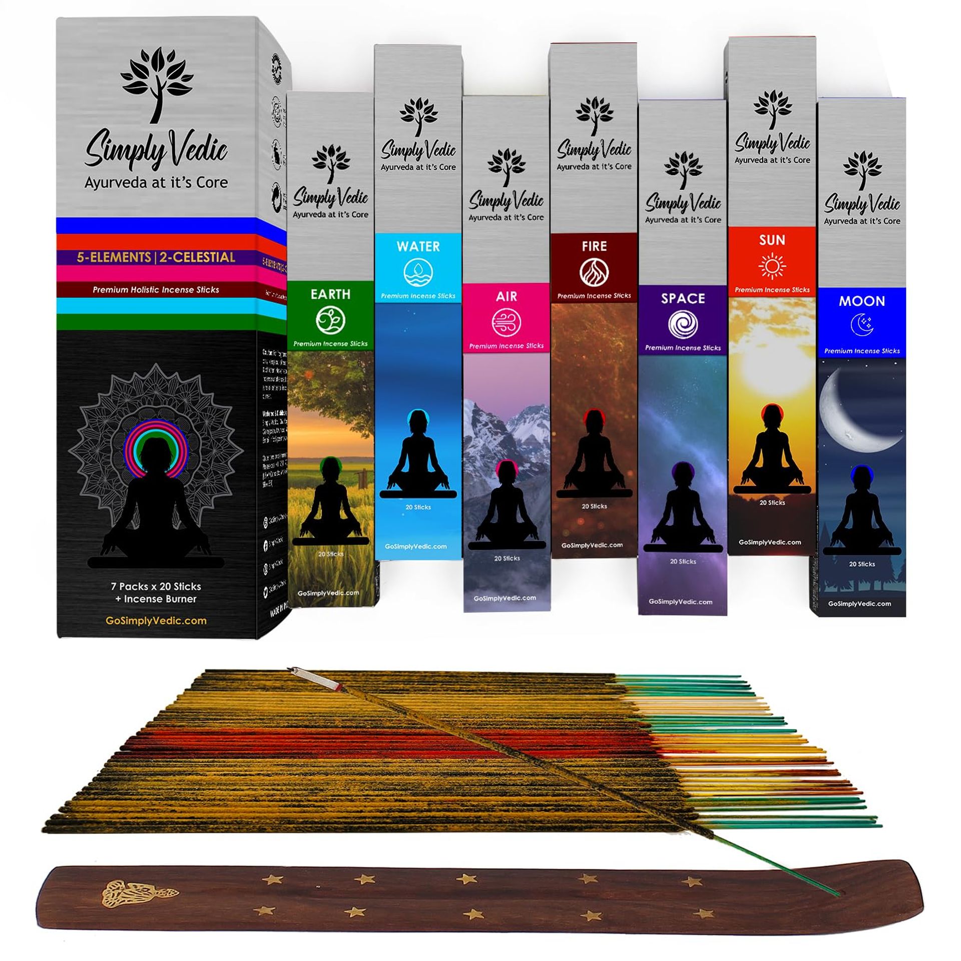 Premium 5 Elements Natural Incense Sticks with Holder for Meditation, Yoga, Aromatherapy & Energy Cleansing - Brown 5 Elements