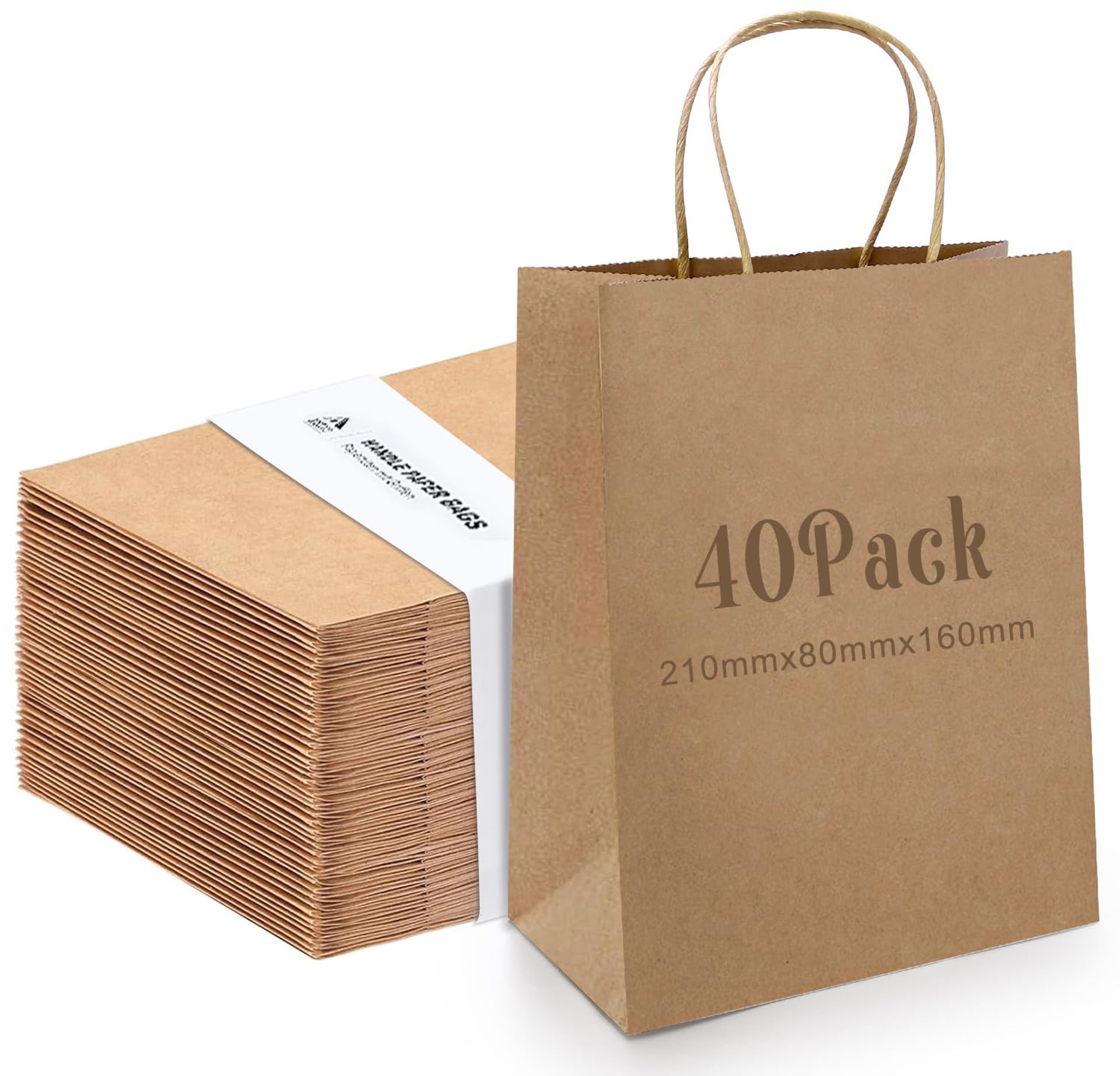 Anstore 40pcs Kraft Paper Bags with Twisted Handles,21x16x8cm Christmas Bags Brown,Grocery Baking Shopping Retail Bags,Foldable Kraft Shopping Carrier Bags for Wedding Christmas Birthday Party