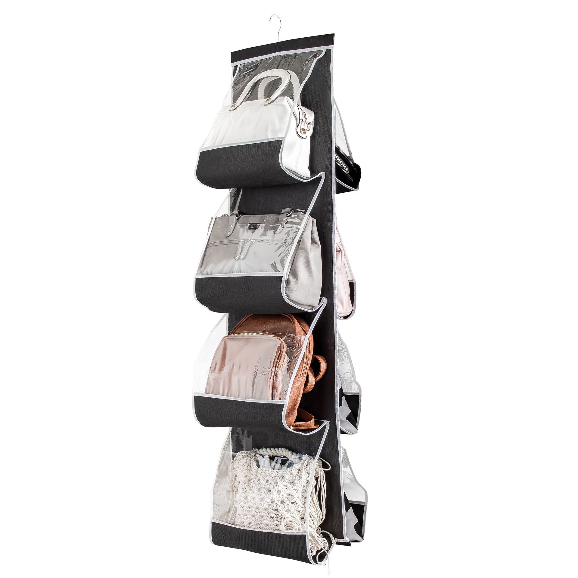 Large Handbag Organiser with 8 Clear Pockets & 360° Swivel Hook - Space Saving Wardrobe Storage