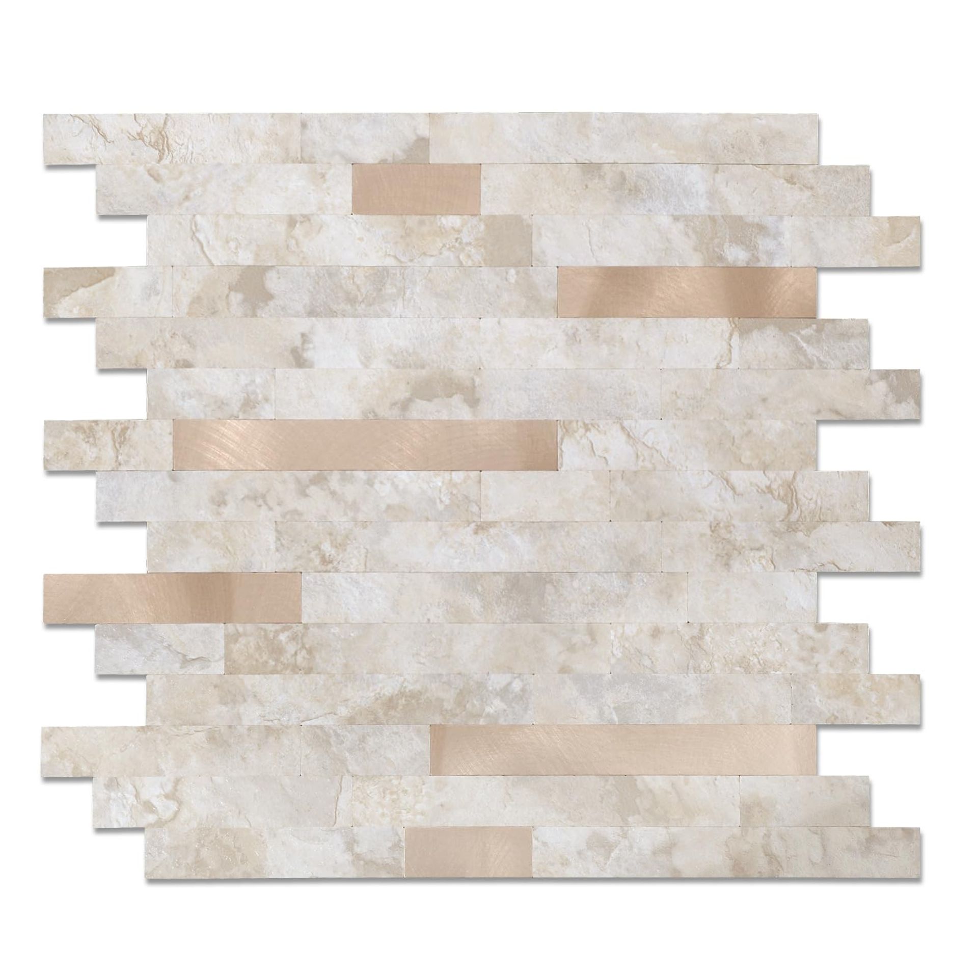 Peel and Stick Stone Metal Tile Backsplash Self-Adhesive Wall Tiles for Kitchen, Bathroom, Fireplace and Camper - Beige Ecru 12x12 Inch